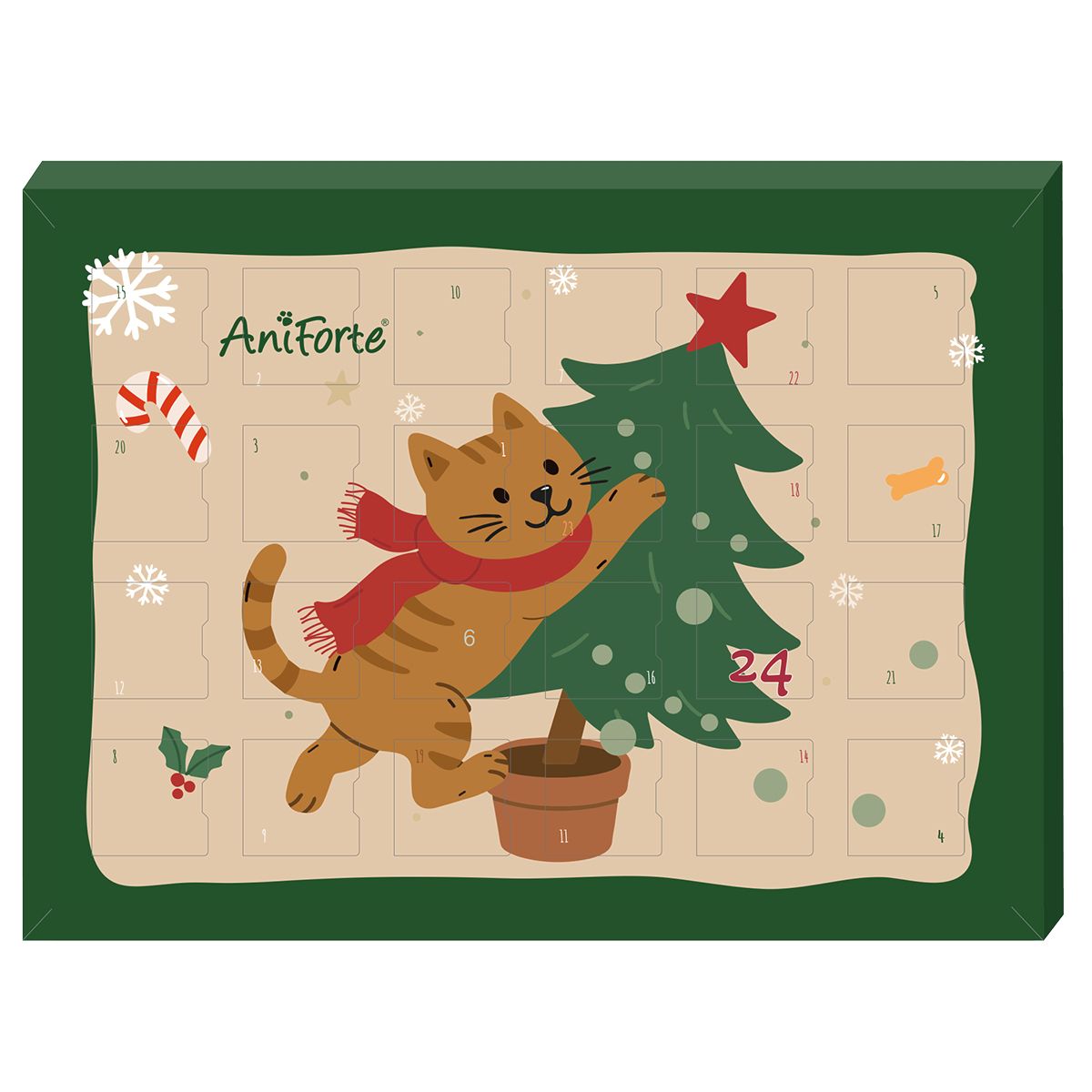 Adventskalender für Katze 2025. Grün umrandet, mit Katze, Weihnachtsbaum und Zahlen. Marke AniForte.
