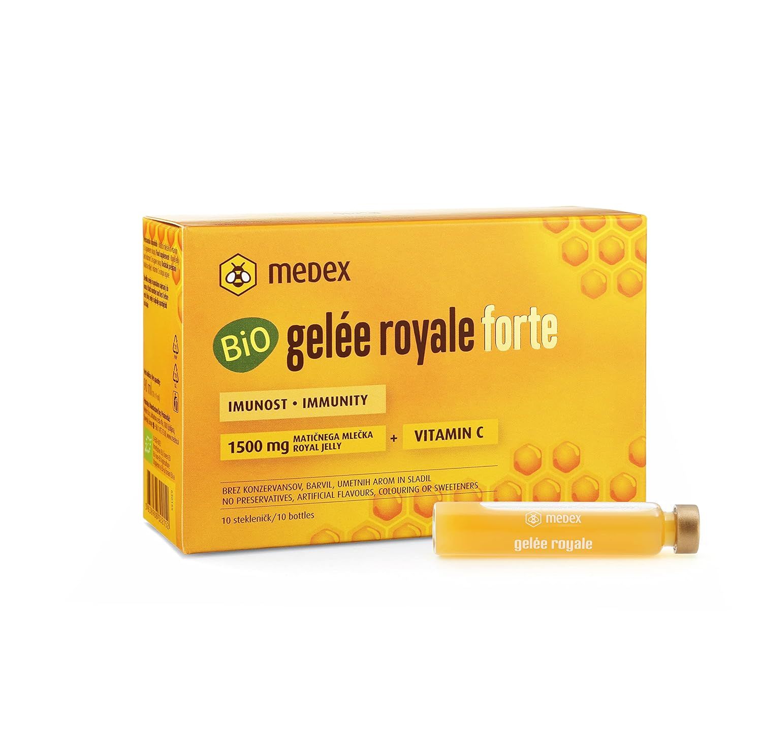 Verpackung von Medex Bio Gelée Royale Forte. Gelbe Schachtel mit Produktampulle. Enthält 1500 mg Gelée Royale und Vitamin C.