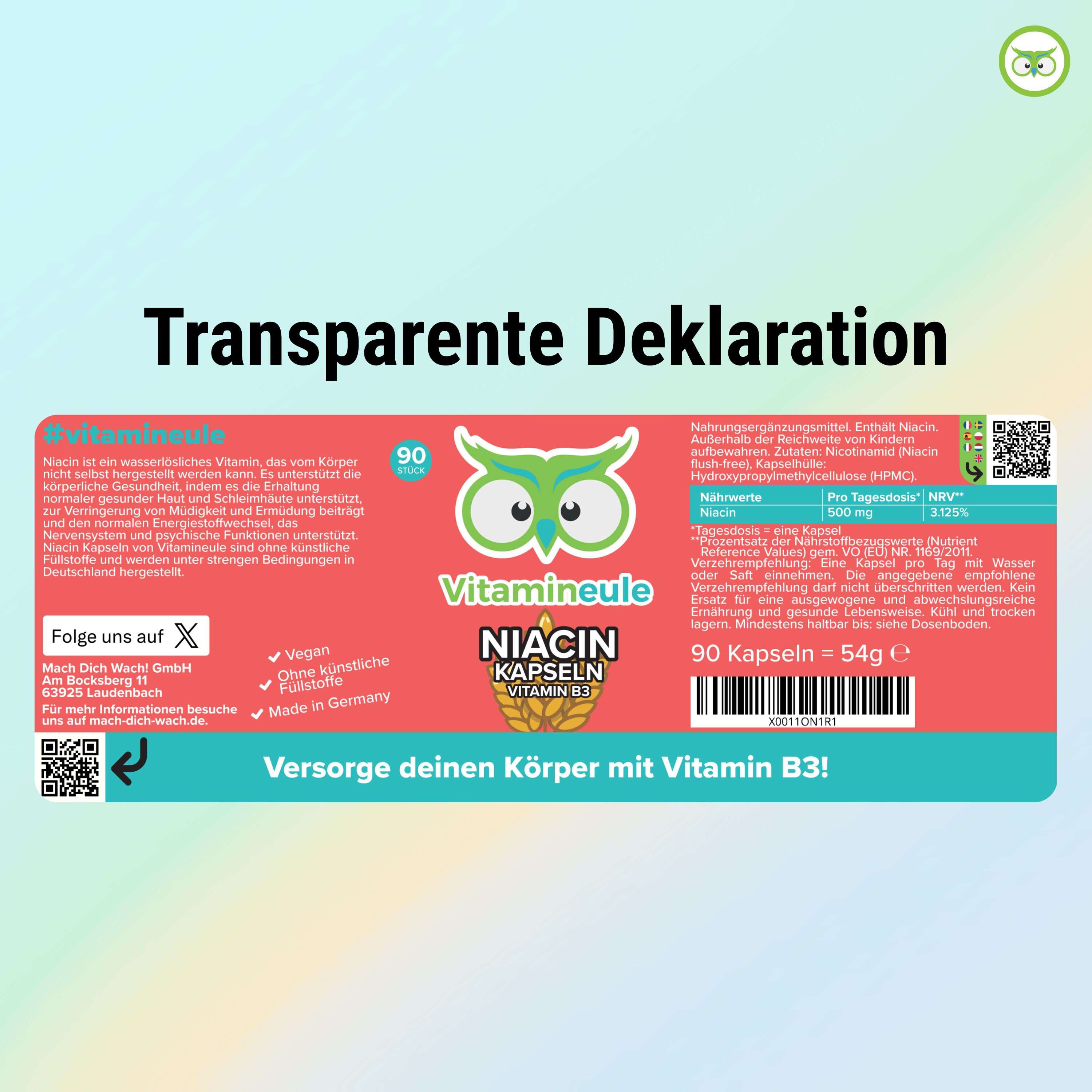 Rückseite der Flasche. Aufschrift: Vitamineule, Niacin Kapseln Vitamin B3. 90 Kapseln. Inhaltsstoffe, Nährwertangaben, QR-Code.