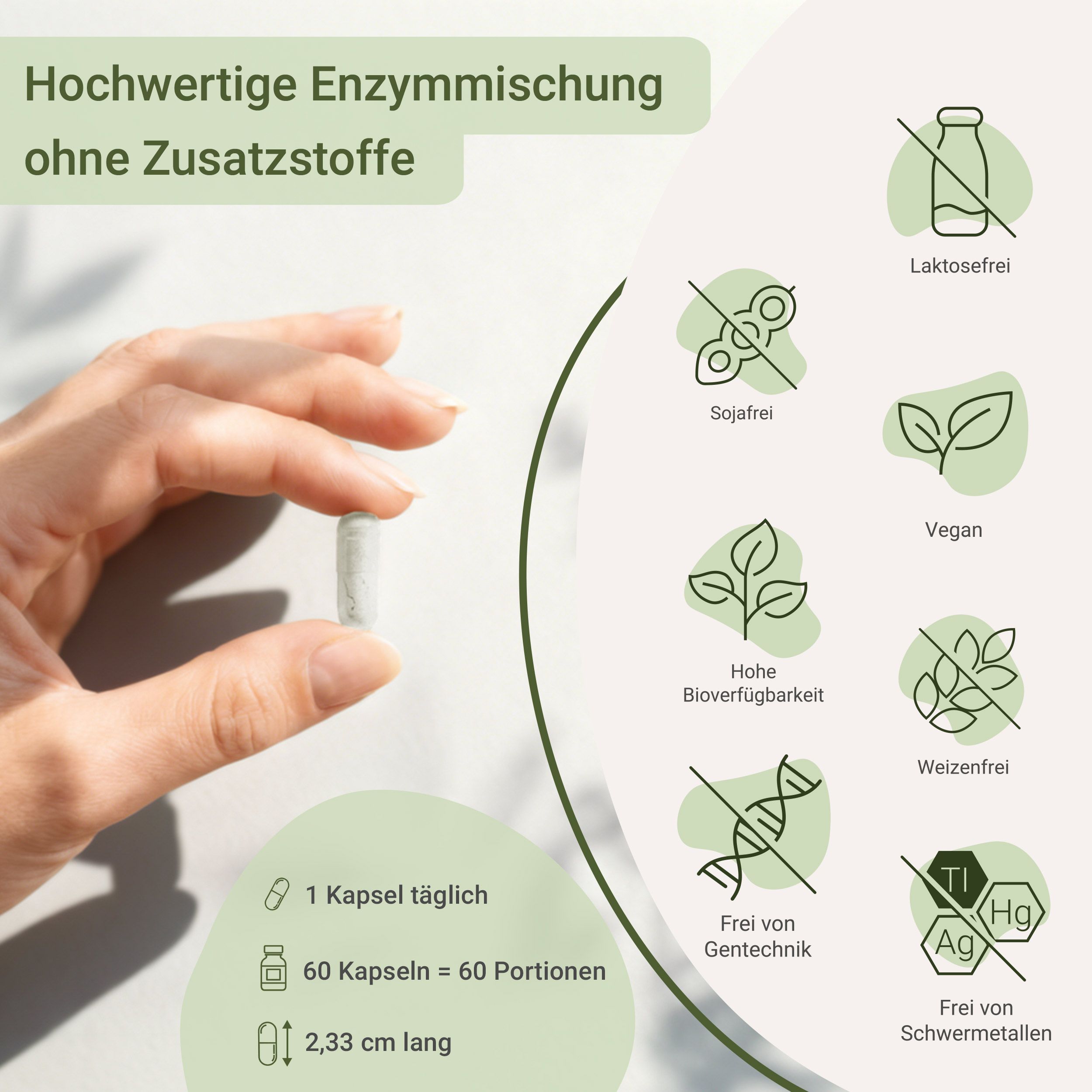 Rückseite einer Flasche mit Kapseln, mit Nährwertangaben und Produktinformationen.