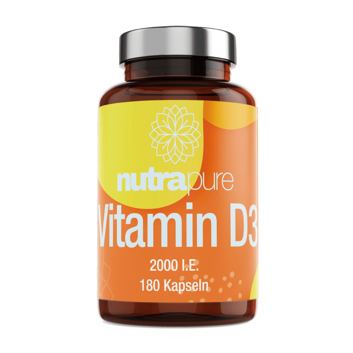 Braune Flasche mit silbernem Deckel. Aufkleber mit gelbem und orangefarbenem Hintergrund. Schriftzug: Nutrapure Vitamin D3, 2000 I.E., 180 Kapseln.