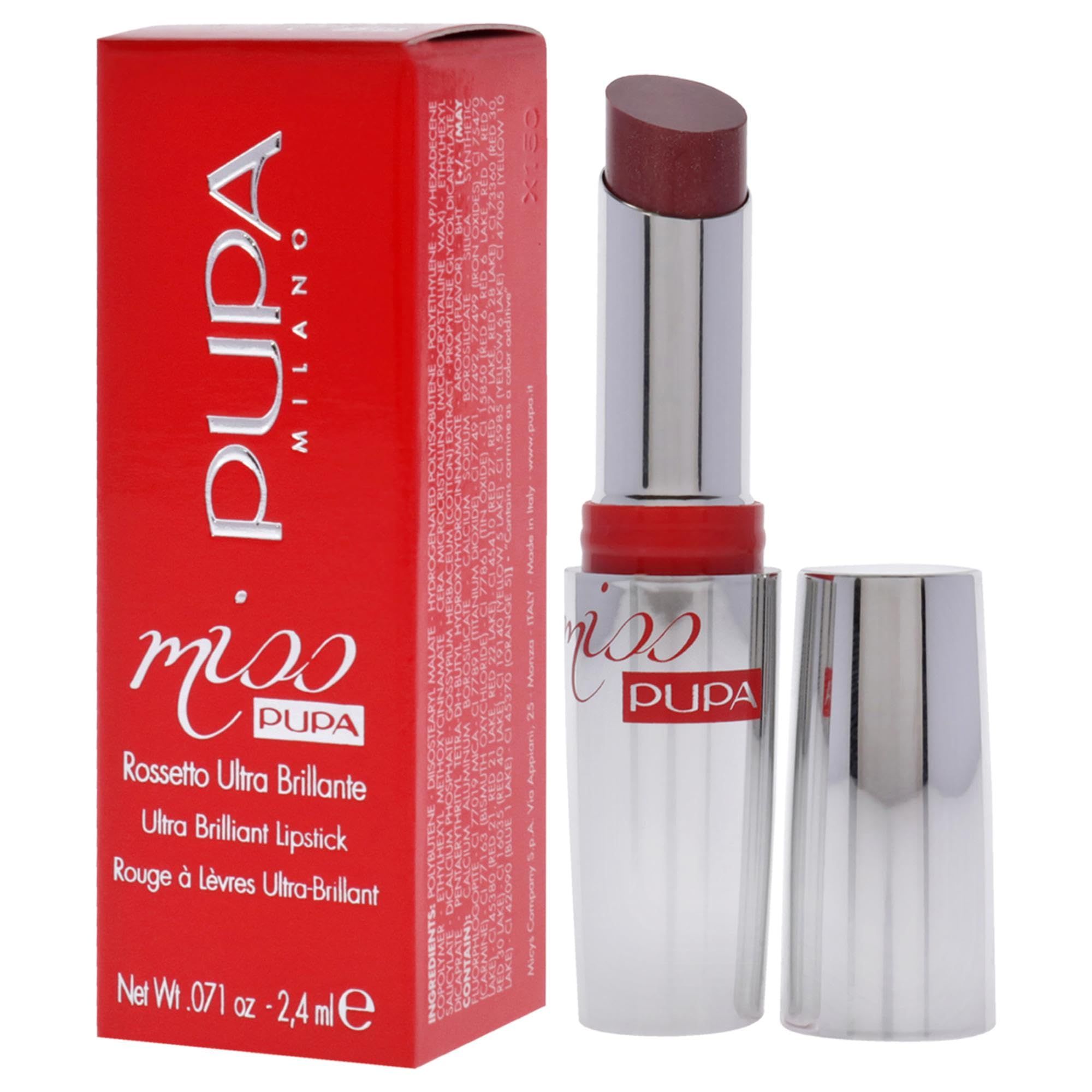 Pupa Rossetto Miss Pupa 603 mit roter Verpackung. Silberfarbener Lippenstift, geöffnet. Dunkelroter Lippenstift.