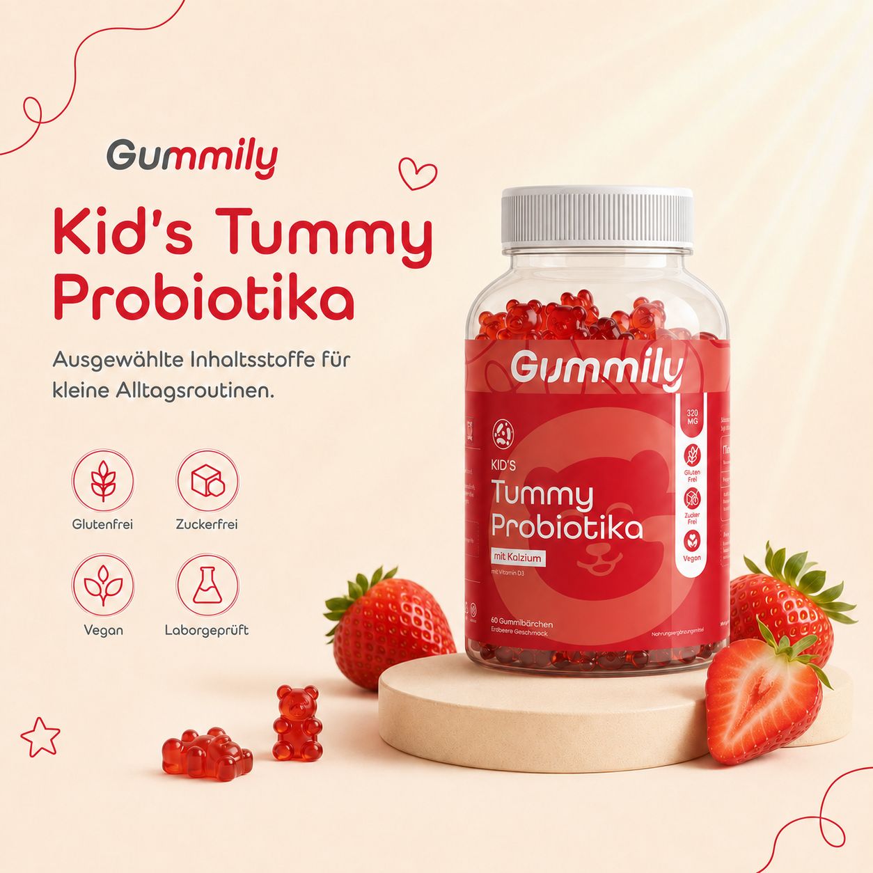 Gummily Kid's Tummy Probiotika Gummibärchen Flasche. Glutenfrei, Zuckerfrei, Vegan, Laborgeprüft. Mit Erdbeeren.