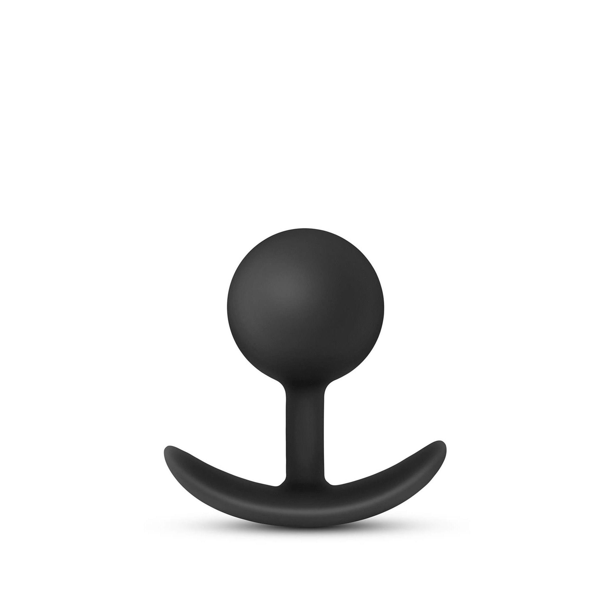 Schwarzer Analplug mit runder Spitze und gebogener Basis. Frontansicht.