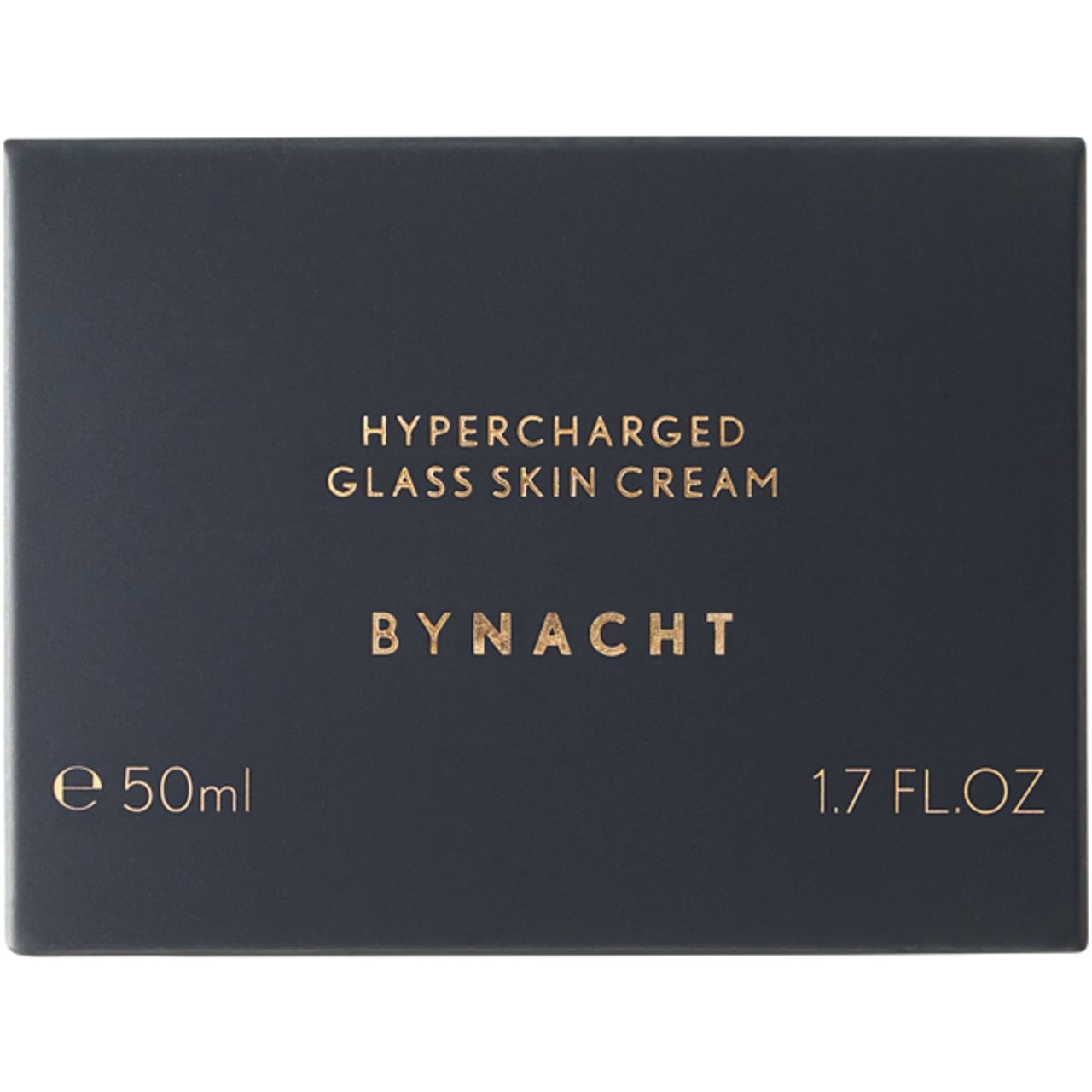 Dunkelblaue Schachtel mit goldfarbenem Text. Aufschrift: Hypercharged Glass Skin Cream, Bynacht, 50ml, 1.7 FL.OZ.