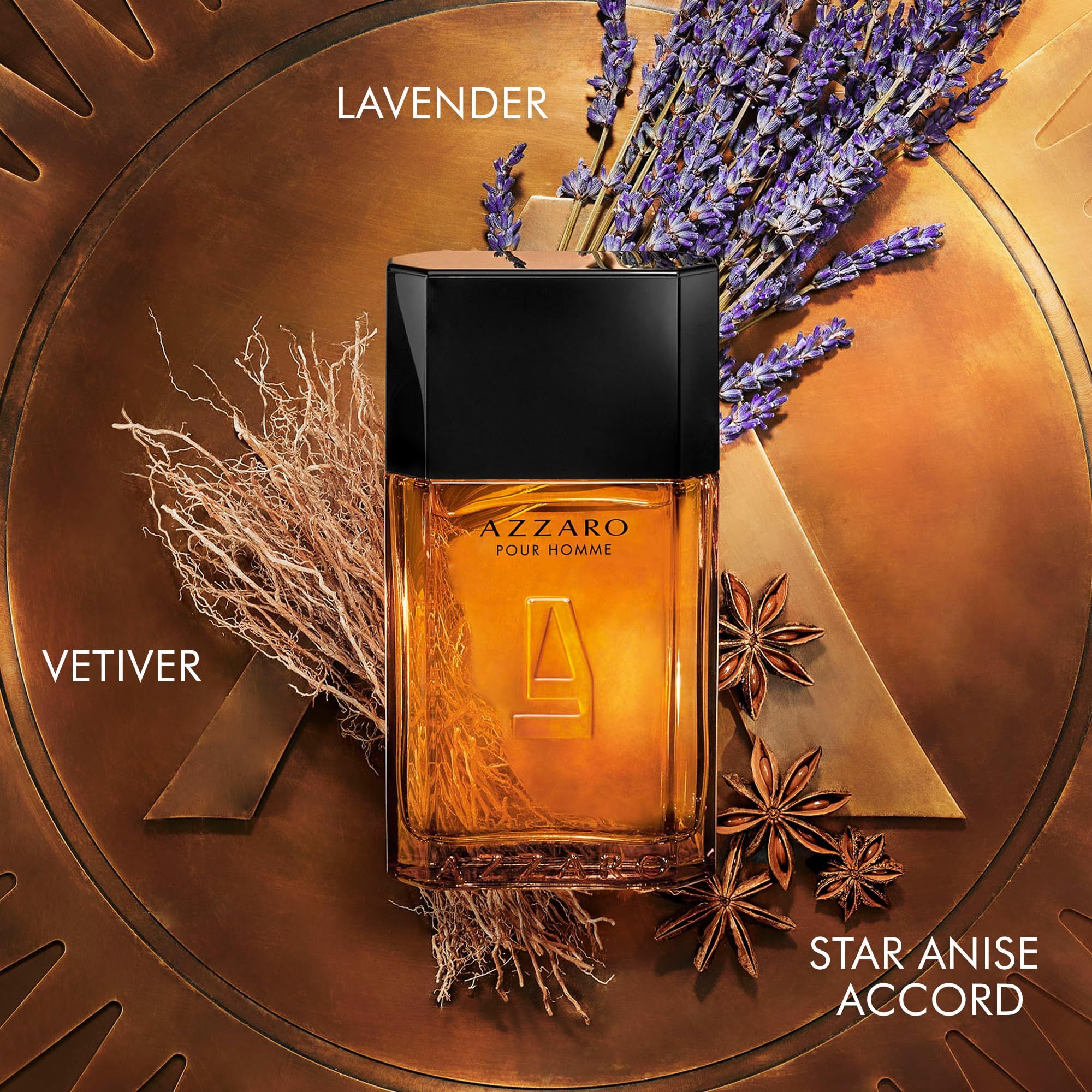 AZZARO POUR HOMME Flakon. Flakon mit Lavendel, Vetiver und Sternanis. Logo und Schriftzug AZZARO.