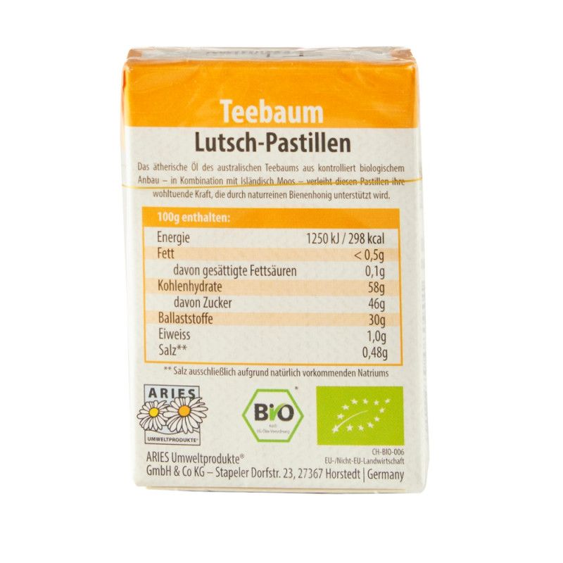 Verpackung mit "Teebaum-Lutsch-Pastillen". Bio-Siegel und Nährwertangaben. Text in deutscher Sprache.