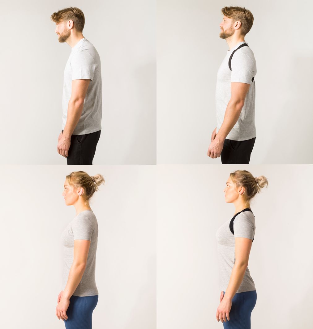 Vier Bilder zeigen Männer und Frauen in Profilansicht, einmal mit und einmal ohne Haltungsstütze. Die Haltung wird verglichen.
