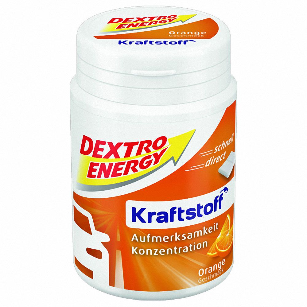 Weiße Dose Dextro Energy Kraftstoff Orange. Orangefarbene Akzente, Logo und Text. Aufschrift: Aufmerksamkeit, Konzentration.