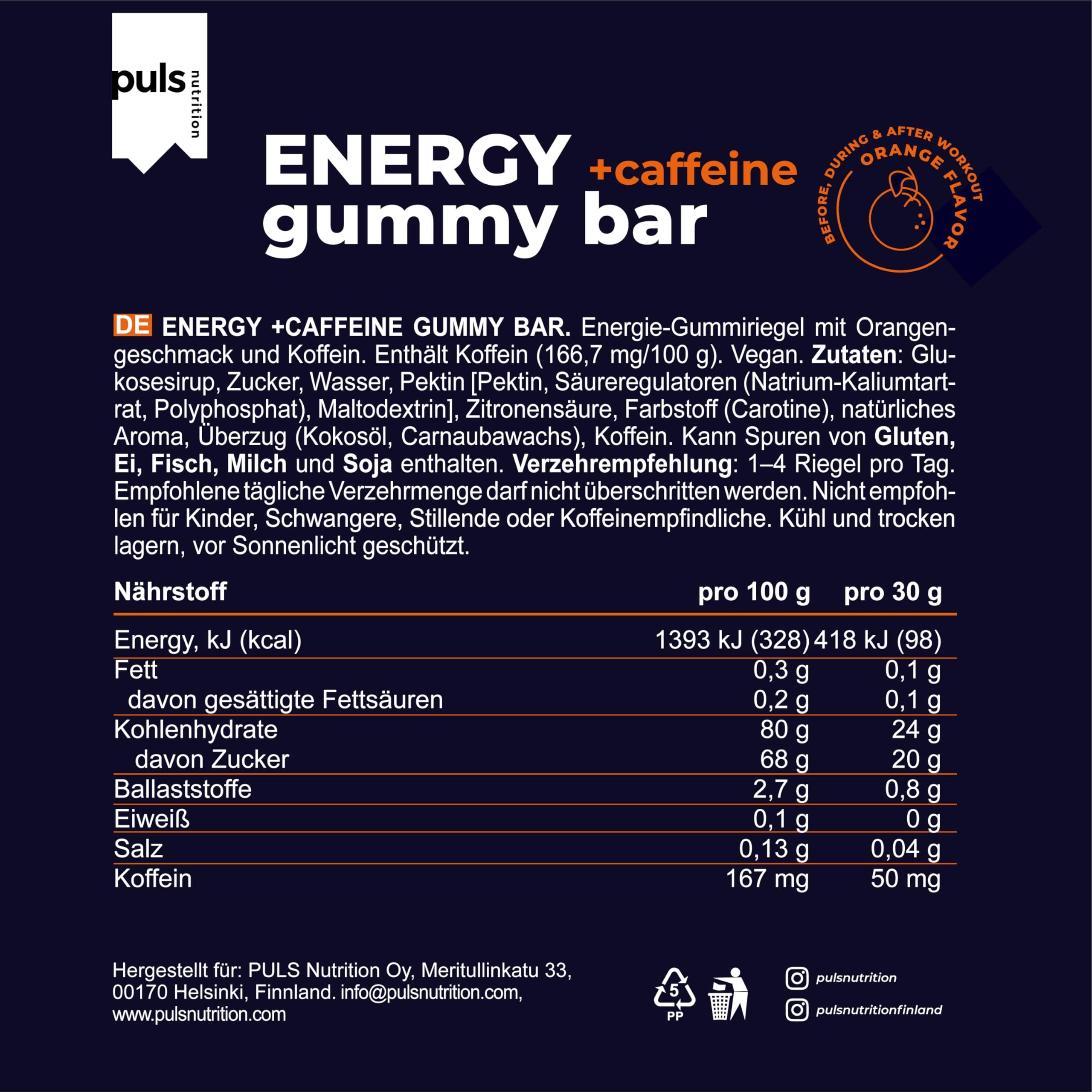 Puls Energy Gummy Bar Nährwertangaben: 24g Kohlenhydrate, 50mg Koffein pro 30g Riegel.