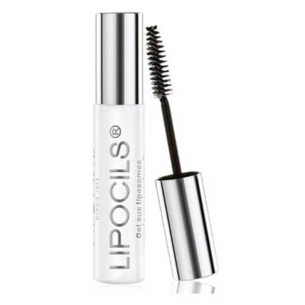 Weißer Behälter mit silberner Kappe und Bürste. Aufschrift: LIPOCILS. Produkt für die Wimpernpflege.