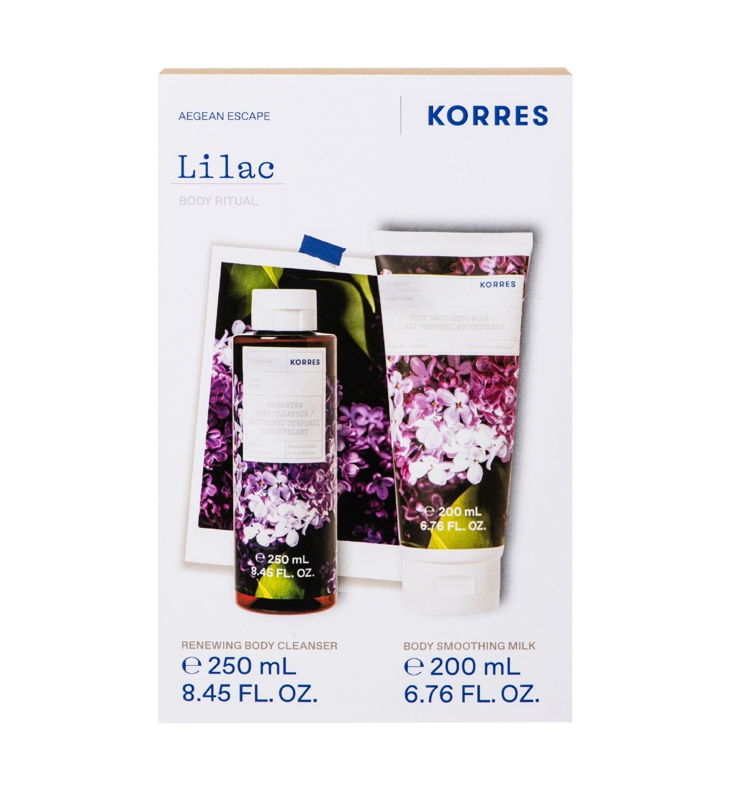 Verpackung mit zwei Produkten. Flasche und Tube mit floralem Design. Text: KORRES, Lilac, Aegean Escape, Body Ritual.