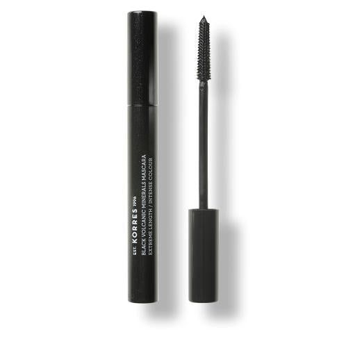 Schwarze Mascara-Tube und Bürste. Aufschrift: KORRES Black Volcanic Minerals Mascara. Extreme Länge/Intense Colour.