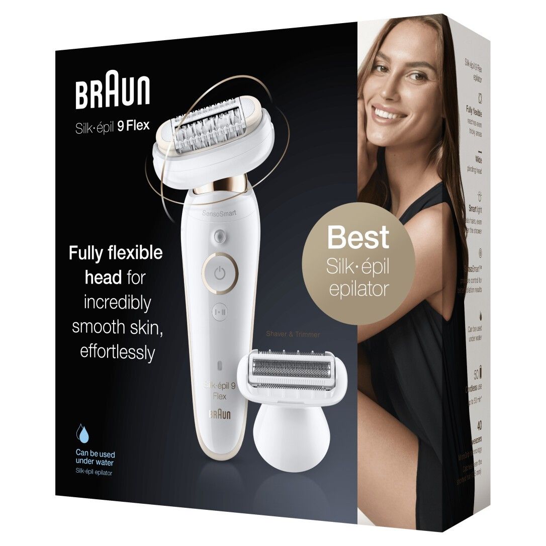 Produktverpackung mit Epilierer und Zubehör. Auf der Verpackung sind das Produkt und eine Frau abgebildet. Text: Braun Silk-épil 9 Flex, Best Epilator.