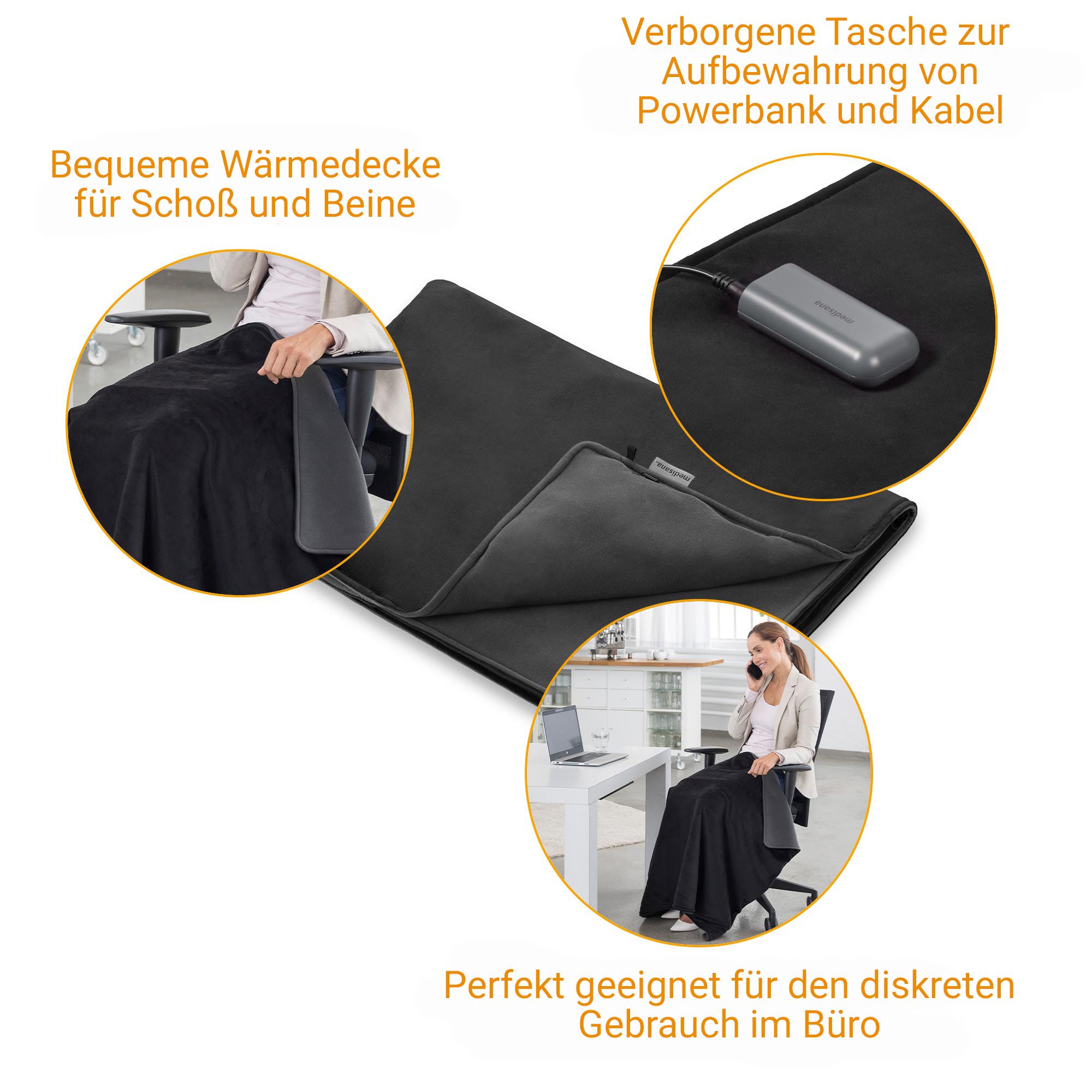 Schwarze Wärmedecke mit integriertem Bedienelement und versteckter Tasche für Powerbank.