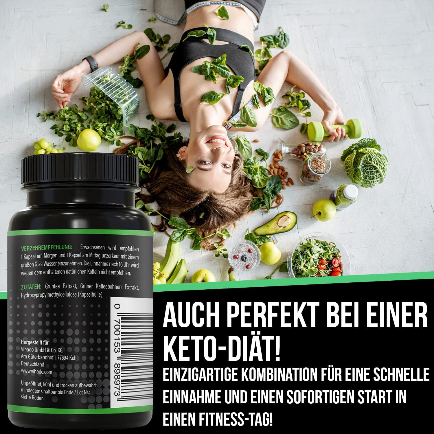 Schwarze Flasche mit grünem Etikett. Text: GREEN BRNR, Pflanzen Formel. Person liegt umgeben von Gemüse. Text: Keto-Diät.