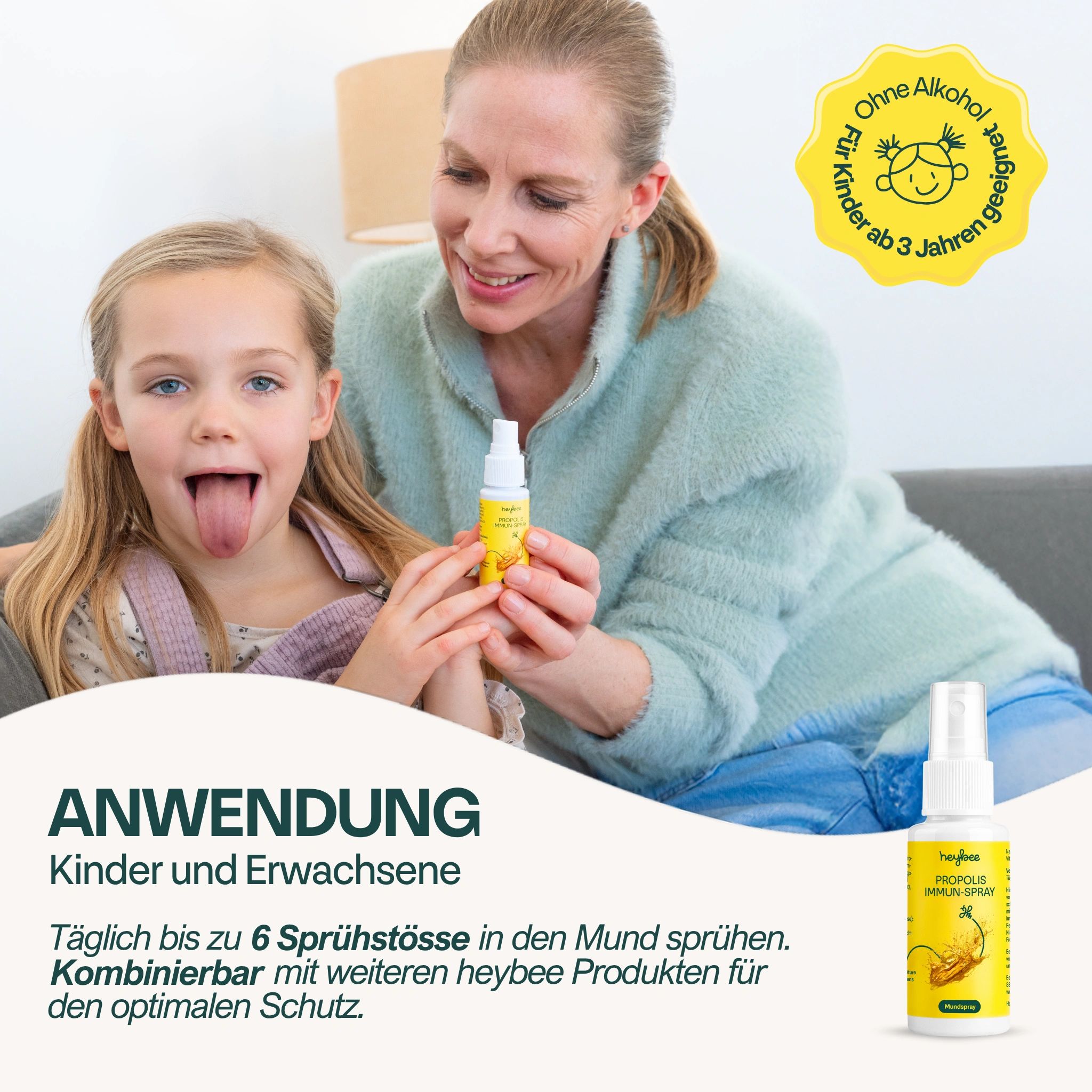 Mutter und Kind mit Heybee Propolis Immun-Spray. Anwendung: Kinder und Erwachsene. Täglich bis zu 6 Sprühstöße in den Mund. Kombinierbar mit weiteren Heybee Produkten.