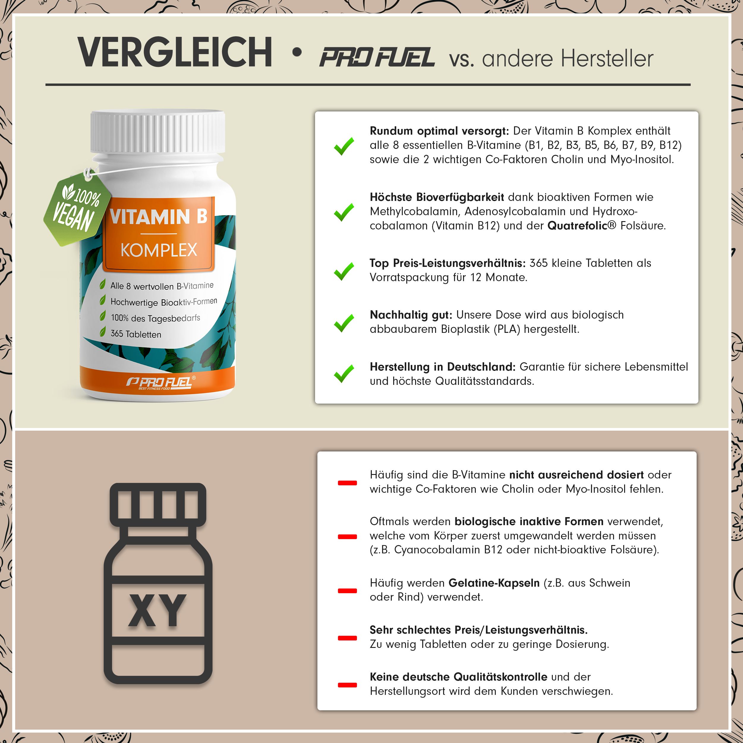 ProFuel - Vitamin B Komplex 365 Tabletten | alle 8 B-Vitamine + Cholin & Myo-Inositol | vegan