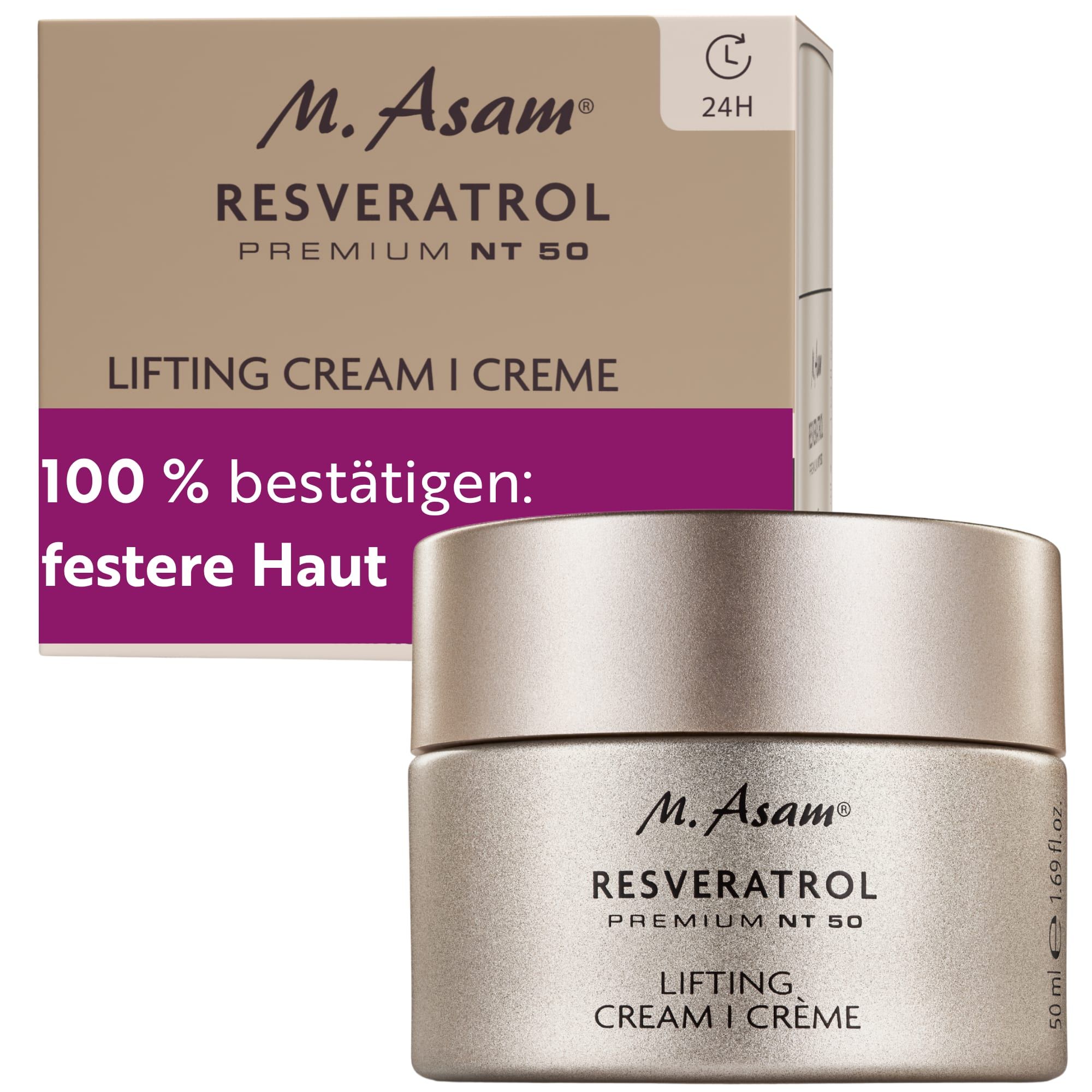 M. Asam Lifting Gesichtscreme mit Resveratrol Premium NT 50 in einem silbernen Tiegel und Kartonverpackung.