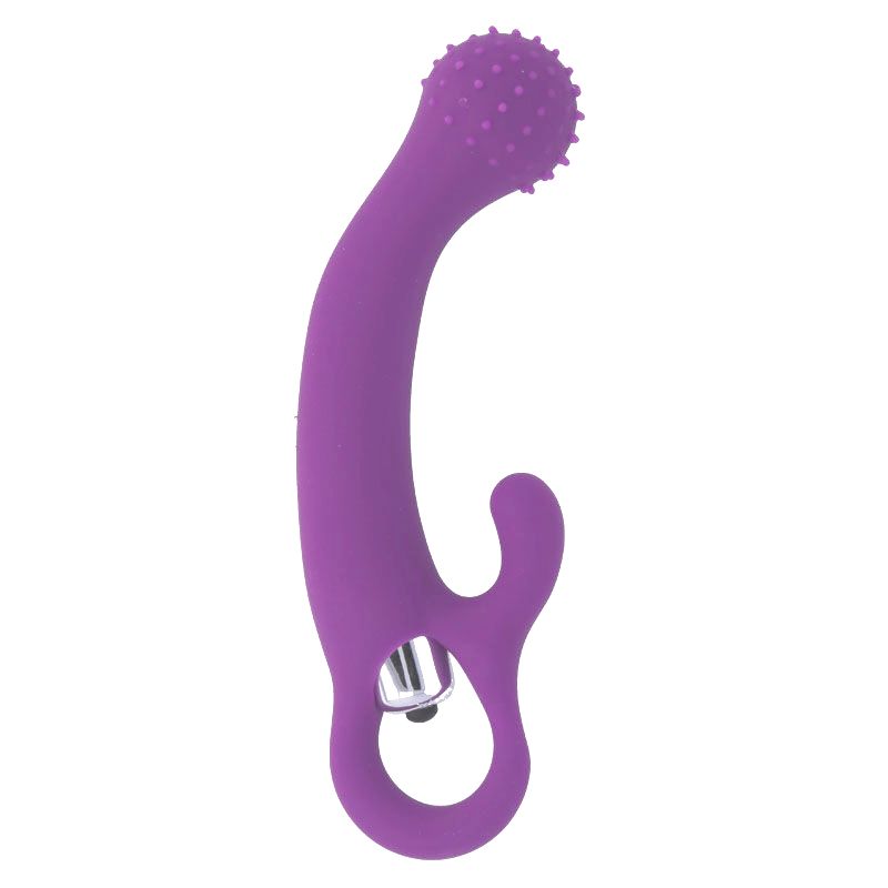 Lila Vibrator mit gebogenem Schaft und texturiertem Kopf. Ein Ring am unteren Ende hat einen silbernen Knopf.