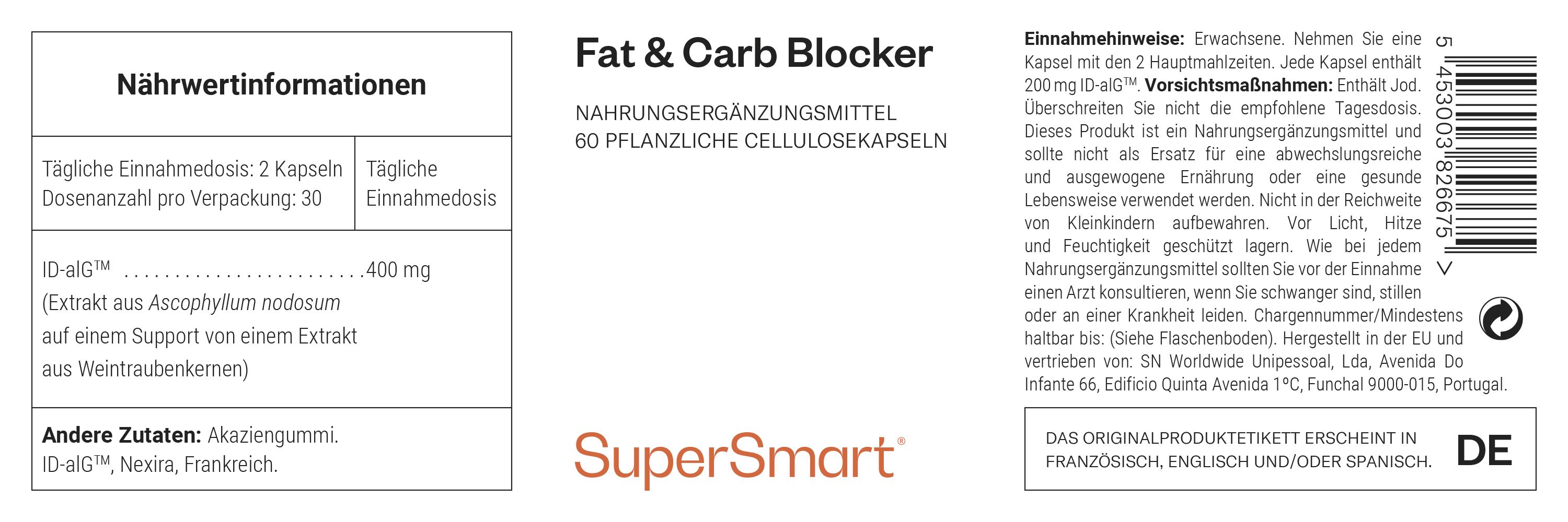 Etikett "Fat & Carb Blocker". Enthält Informationen zu Inhaltsstoffen, Dosierung und Hersteller. SuperSmart Logo.