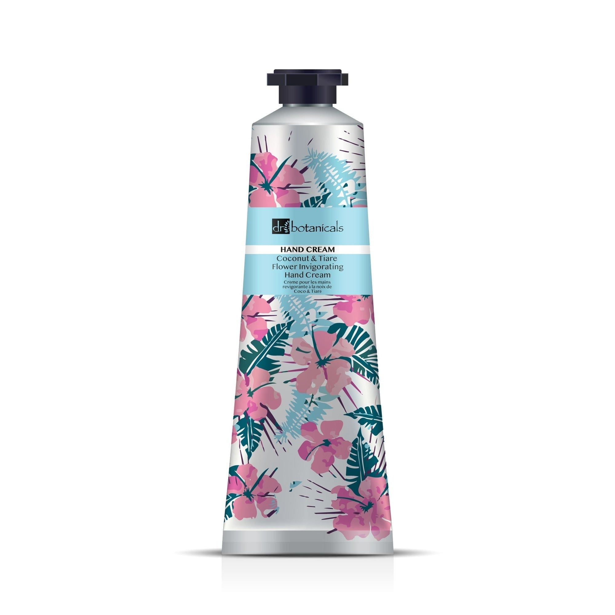Silberne Tube mit floralem Muster und schwarzem Deckel. Aufschrift: Hand Cream, Coconut & Tiare Flower Invigorating Hand Cream.
