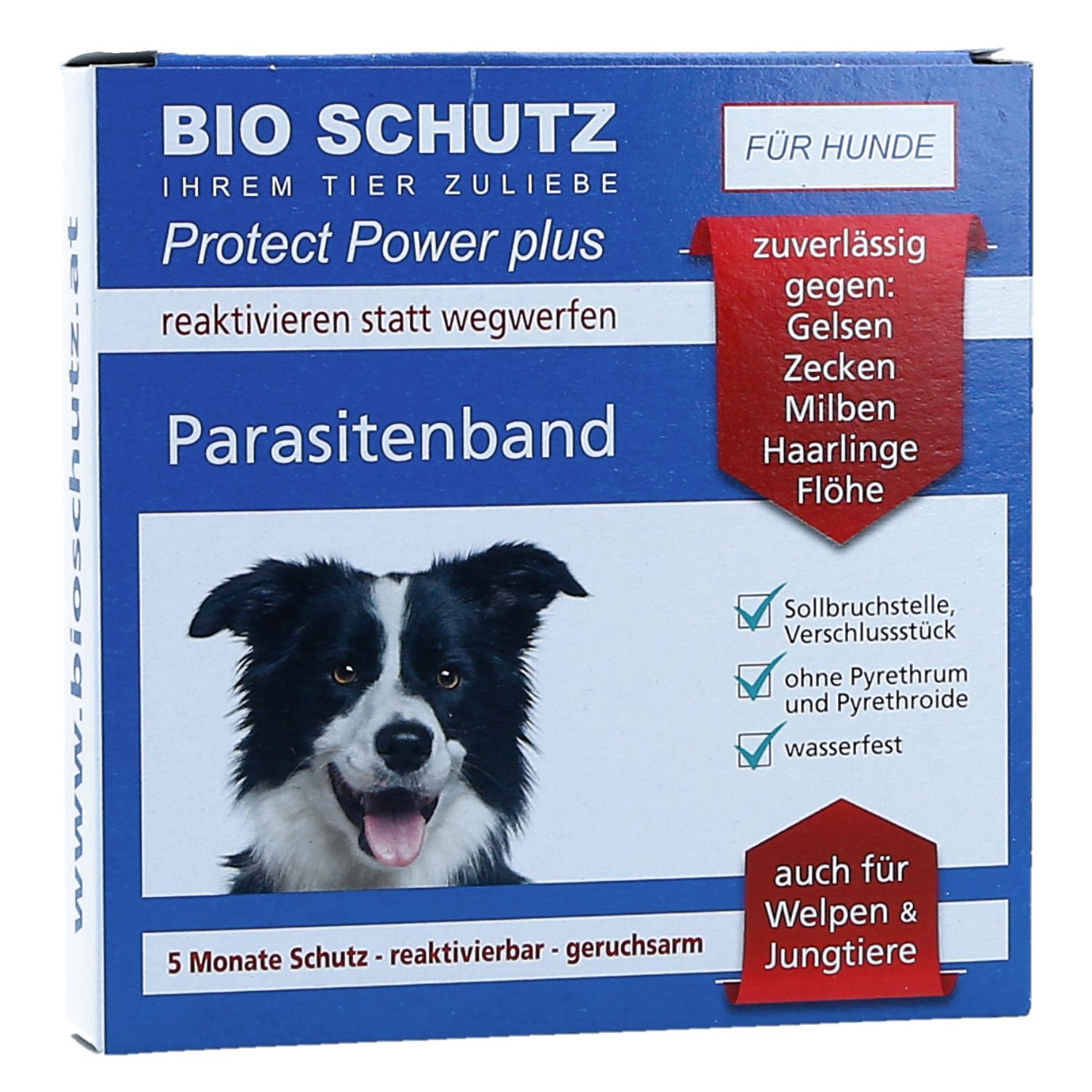 Hellbraunes Halsband für Hunde. Text: Bio Schutz, Protect Power Plus, Parasitenband. Abbildung eines Hundes. Rote Textfelder mit Informationen.