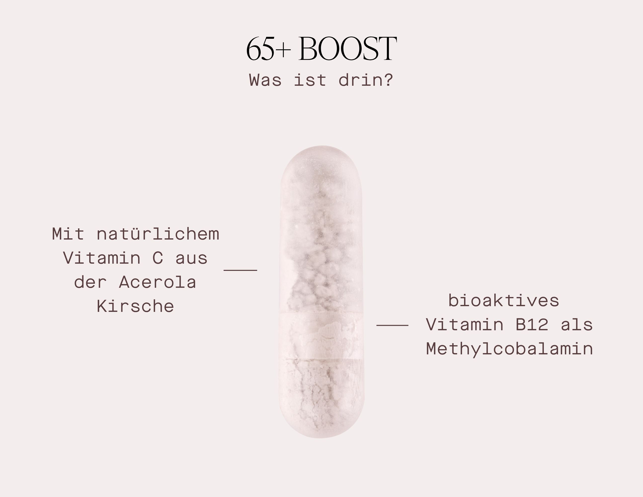 Kapsel mit Text. 65+ BOOST. Vitamin C aus Acerola-Kirsche. Bioaktives Vitamin B12 als Methylcobalamin.