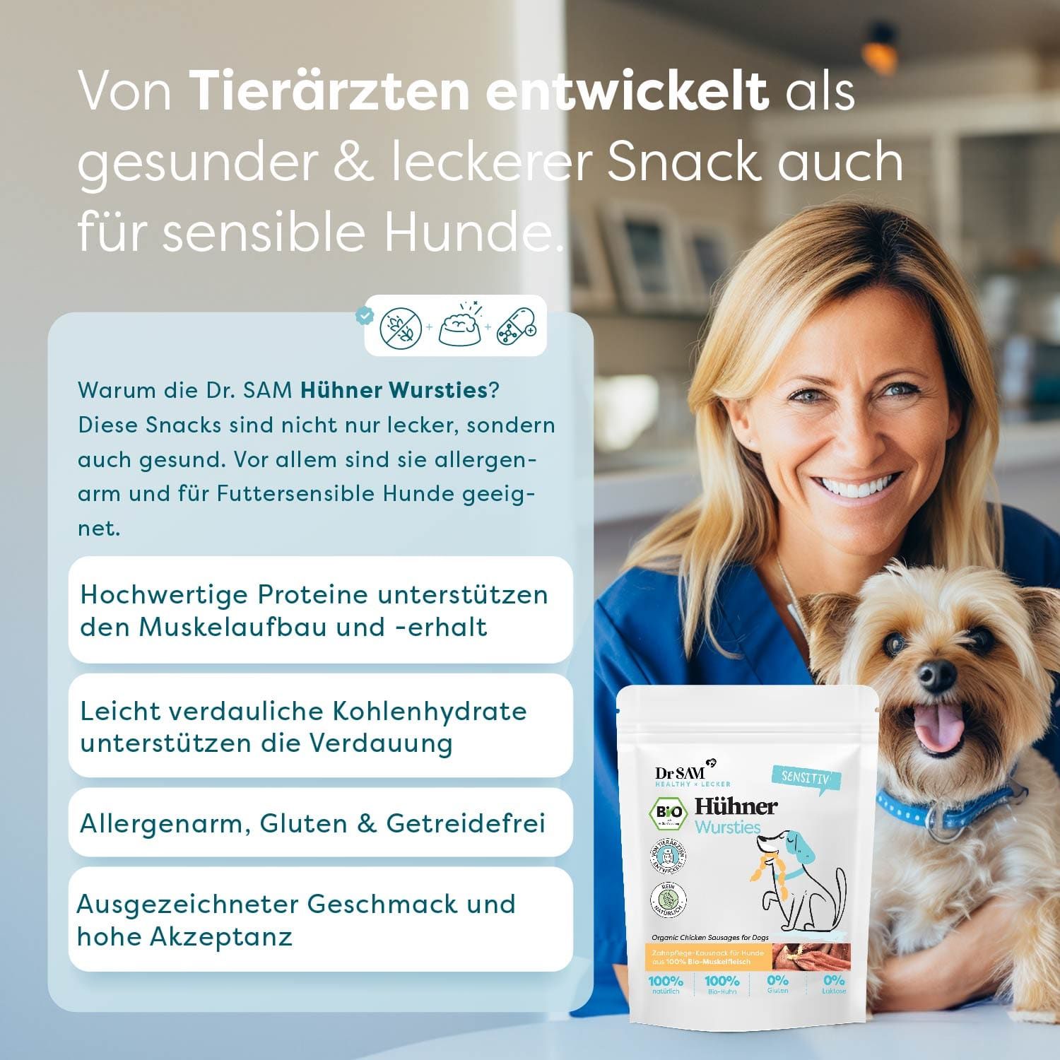 Frau mit Hund und Produktverpackung. Text: Von Tierärzten entwickelt, gesunder Snack für sensible Hunde. Gluten- und getreidefrei.
