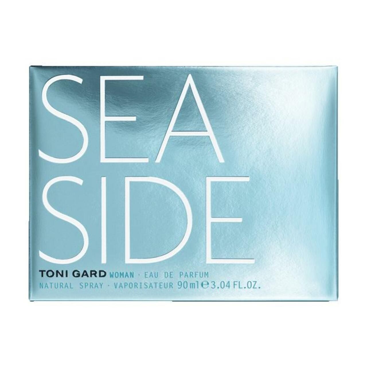 Hellblaue Schachtel mit der Aufschrift SEA SIDE. Unterhalb steht TONI GARD WOMAN Eau de Parfum. Produktinformationen.