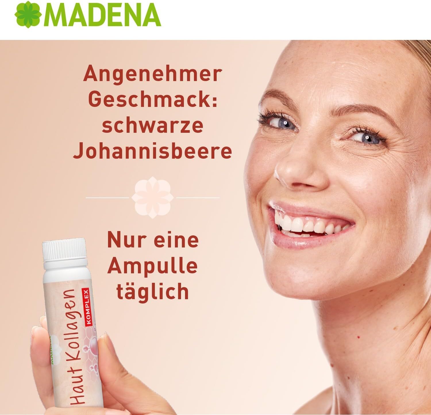 Frau lächelt. Hält eine Ampulle Haut Kollagen Komplex. Text: Angenehmer Geschmack: schwarze Johannisbeere. Nur eine Ampulle täglich.