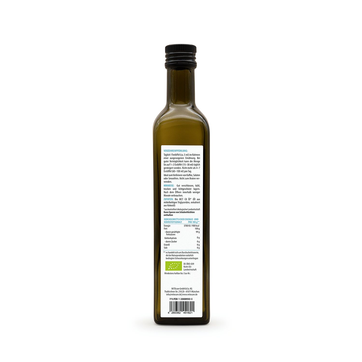 Rückseite einer Flasche MITOcare® Bio MCT C8 Öl mit Nährwertangaben und Bio-Siegel.