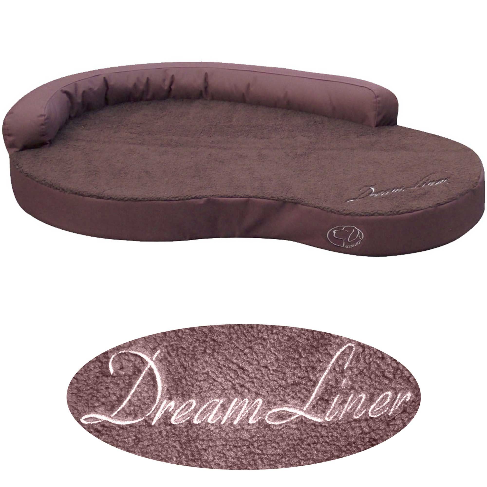 Braunes Hundebett mit erhöhtem Rand. Oval, mit gesticktem "Dream Liner" Schriftzug und Logo. Weiche Oberfläche.