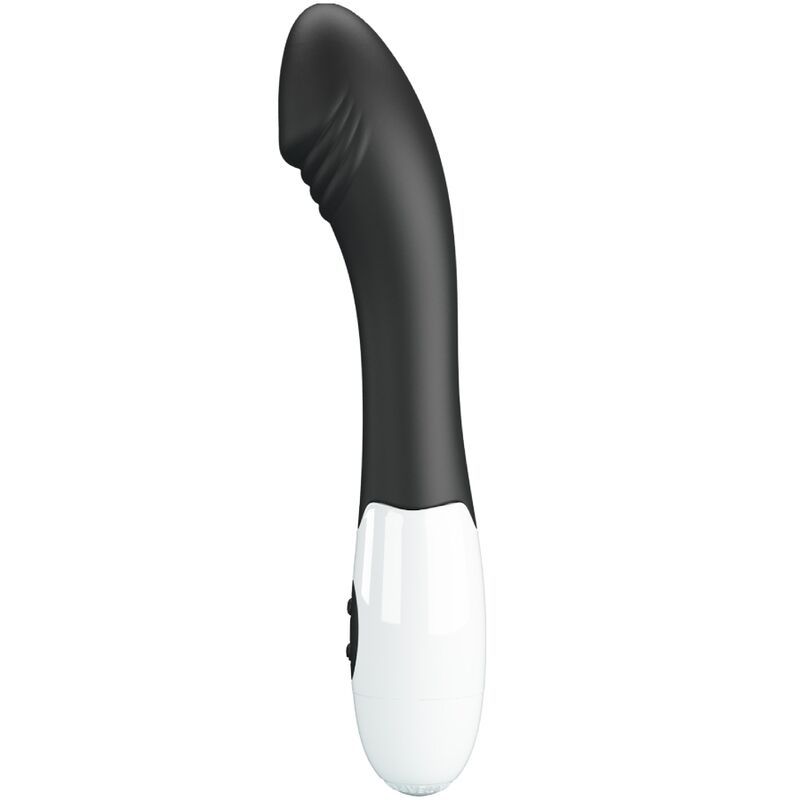 Schwarz-weißer Vibrator mit gebogener Form. Oberteil mit Rillen, Unterteil mit zwei Knöpfen.