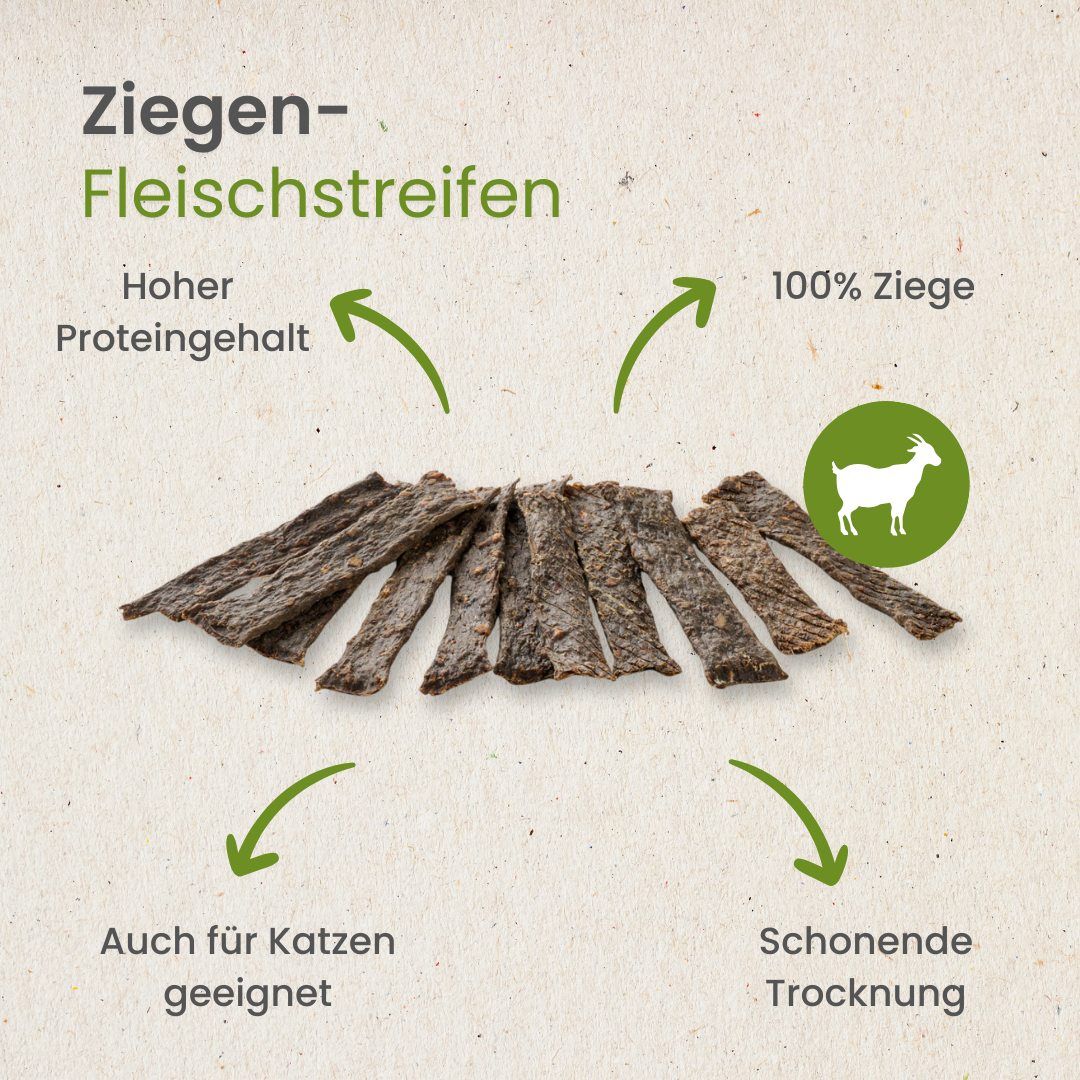 Ziegen-Fleischstreifen, hoher Proteingehalt, 100% Ziege, auch für Katzen geeignet, schonende Trocknung.