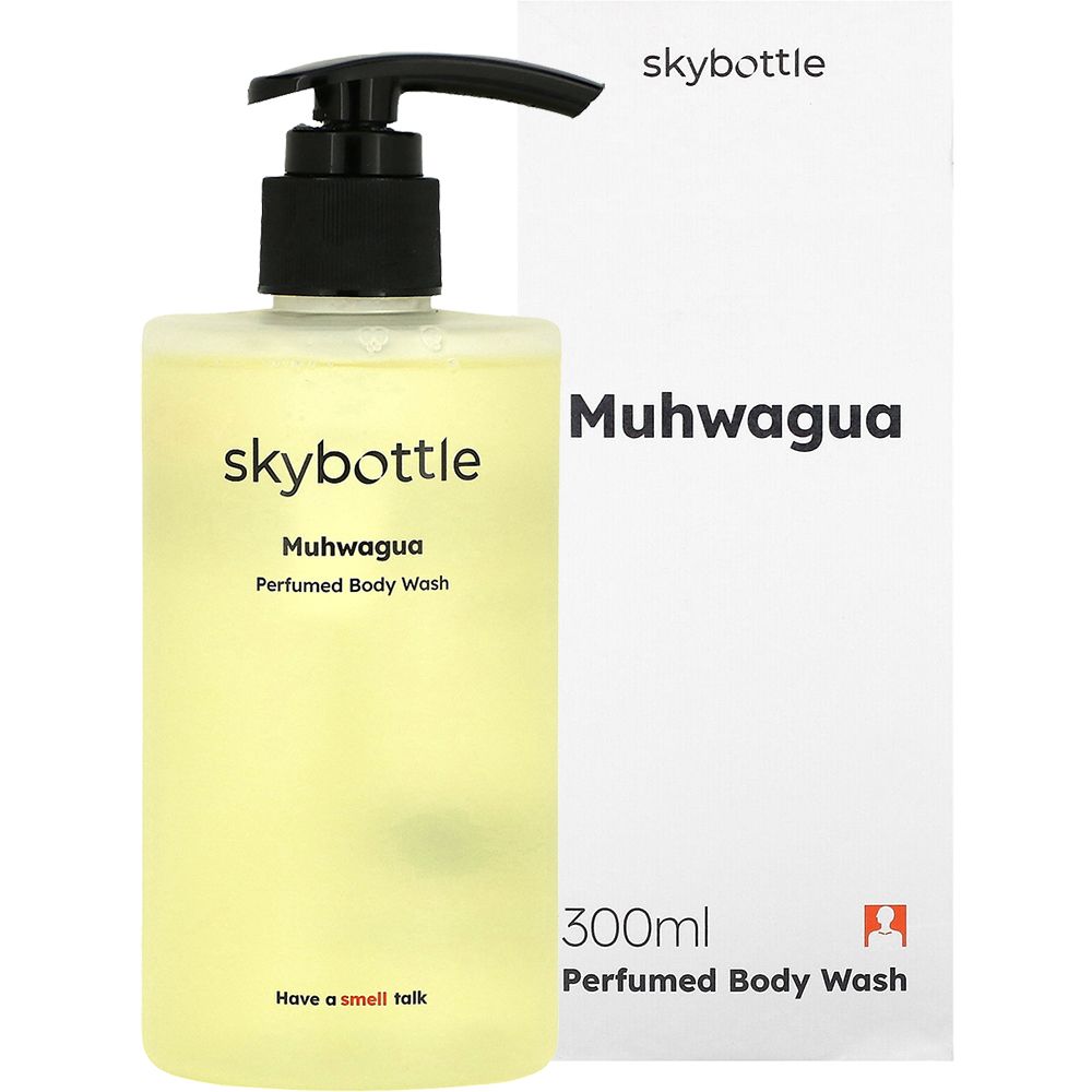 SKYBOTTLE Muhwagua Duschgel mit Verpackung. Aufschrift: Muhwagua, Perfumed Body Wash. Auf der Verpackung: 300ml. Unter: Have a smell talk.
