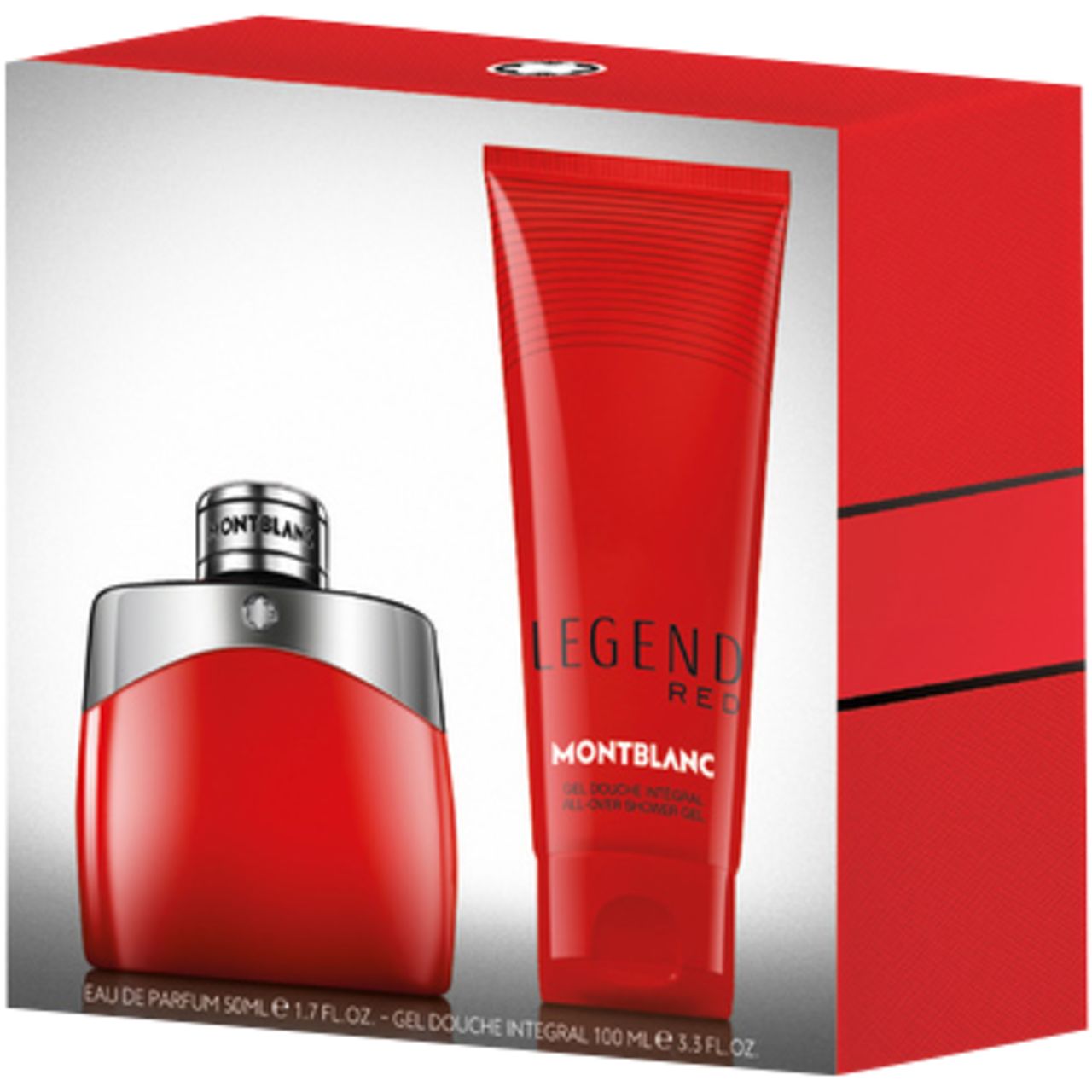 Rotes Set mit Flakon und Duschgel in roter Box. Flakon mit silbernem Deckel. Schriftzug 'LEGEND RED' und 'MONTBLANC'.