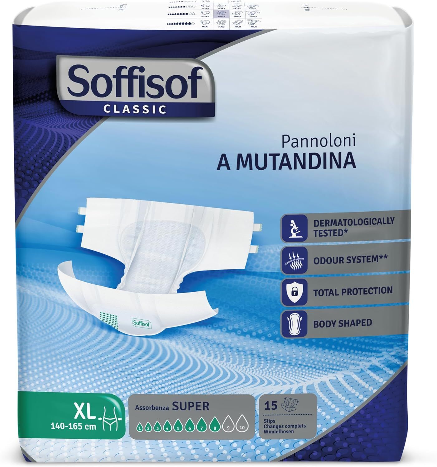 Verpackung mit Soffisof Classic Windeln für Erwachsene Super. XL, 140-165 cm. 15 Stück. Dermatologisch getestet.