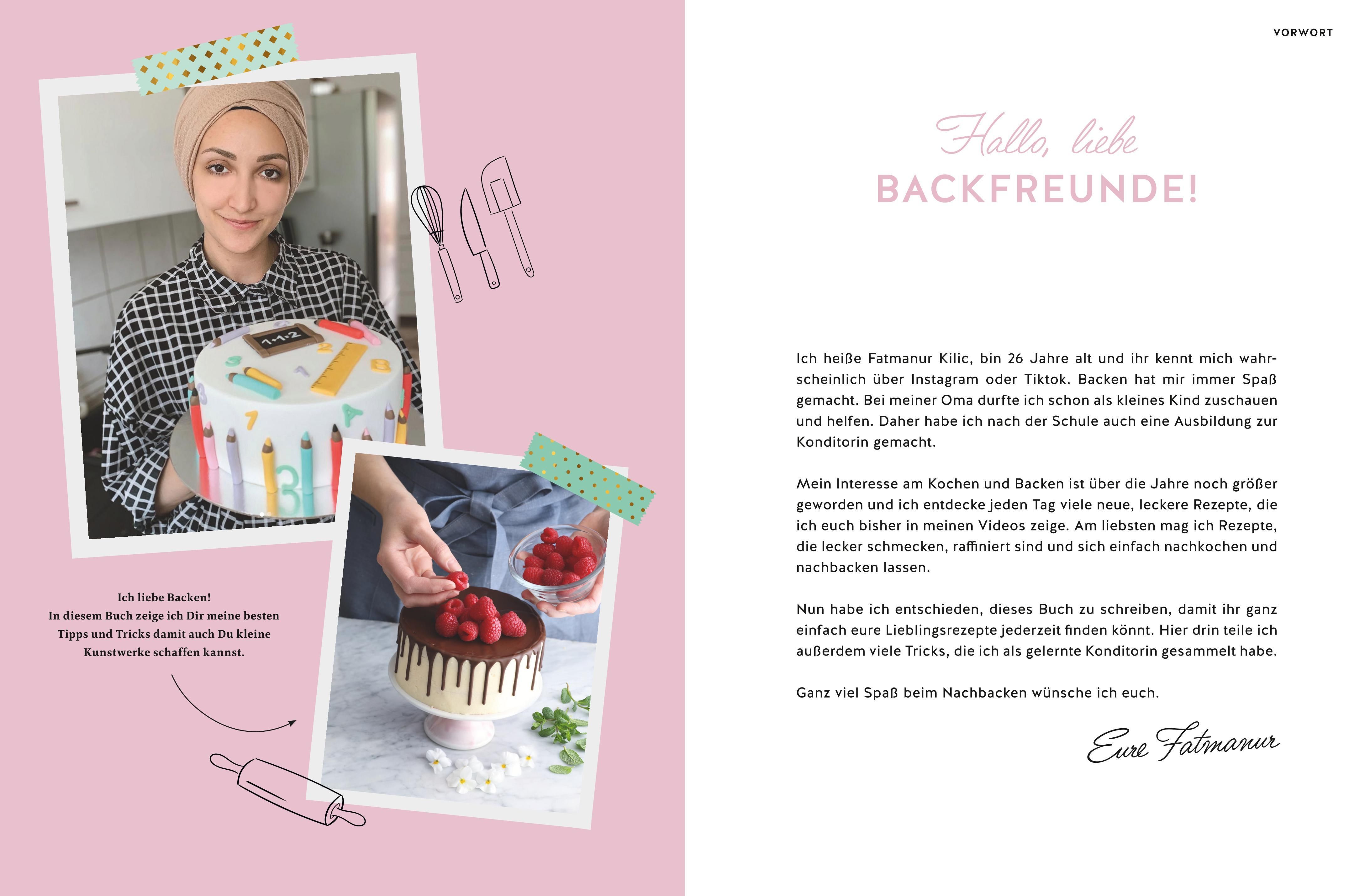 Buchseite mit Frau, Kuchen, Text. Titel: Hallo, liebe Backfreunde! Text und Illustrationen.