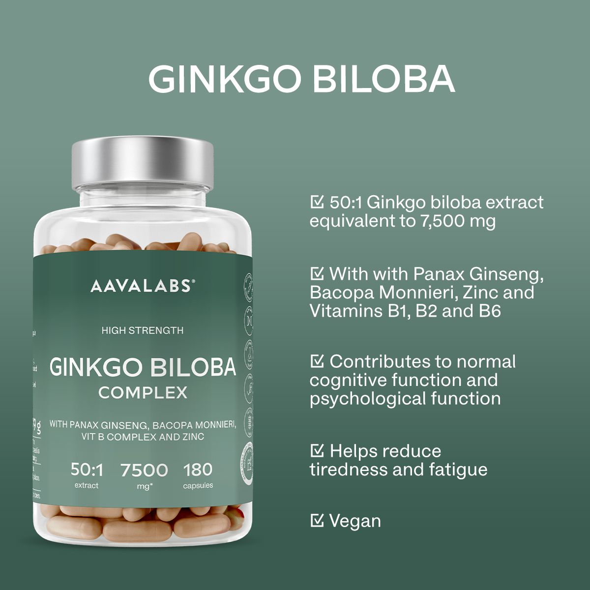 Aavalabs Ginkgo Biloba Complex. Flasche. 180 Kapseln. Mit Ginkgo, Panax Ginseng, Bacopa Monnieri, Vitamin B und Zink. Vegan.