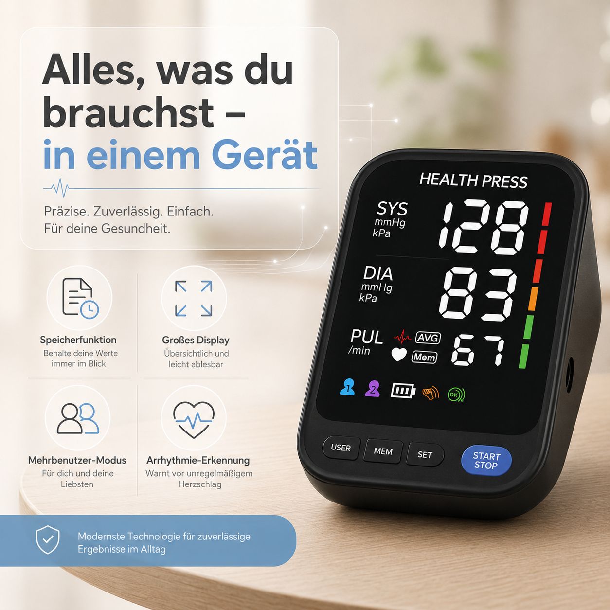 Digitales Oberarm-Blutdruckmessgerät mit Funktionen wie Speicher und Arrhytmie-Erkennung.