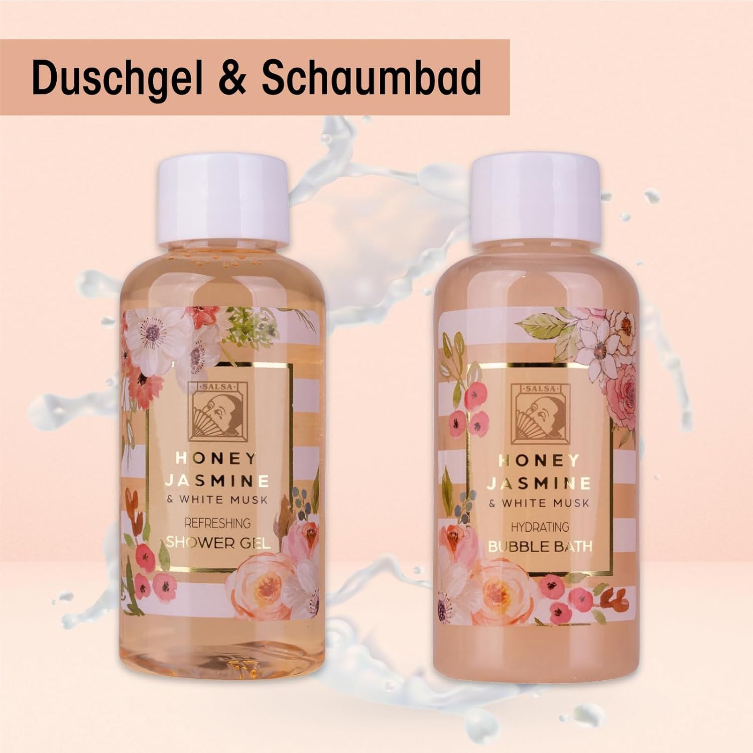 Zwei Flaschen: Duschgel und Schaumbad. Text: Honey Jasmine & White Musk. Weiße Deckel, rosa Streifen.