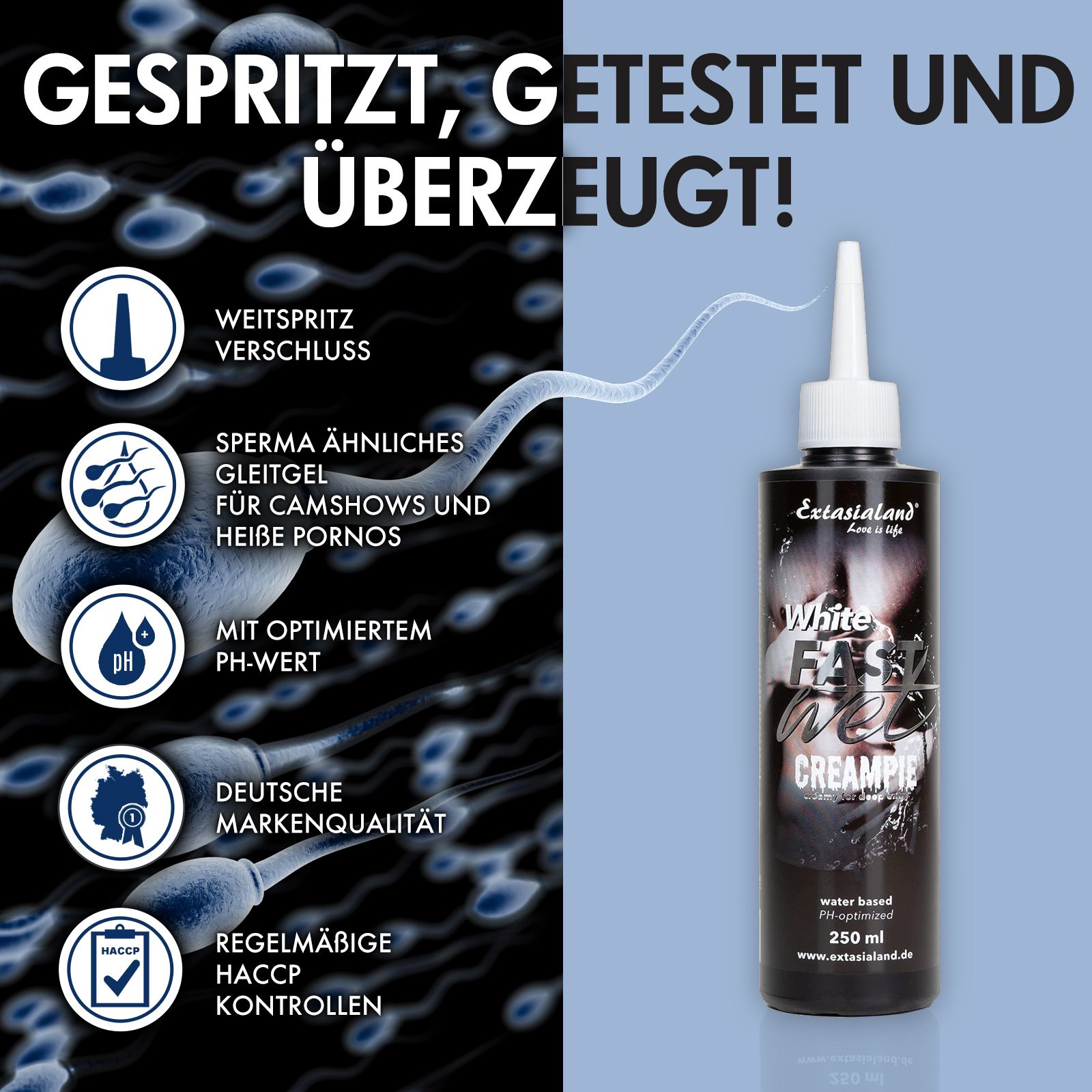 Spermien-Illustration. Schwarze Flasche mit weißem Deckel. Text: White Fast Wet Creampie. Weitspritzverschluss, pH-optimiert.