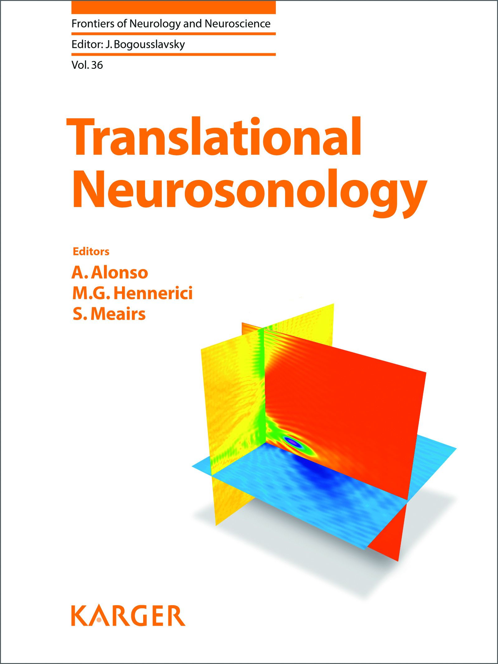 Buchcover: Translational Neurosonology. Herausgeber: A. Alonso, M.G. Hennerici, S. Meairs. Verlag Karger. Titel in Orange, farbige Grafik.