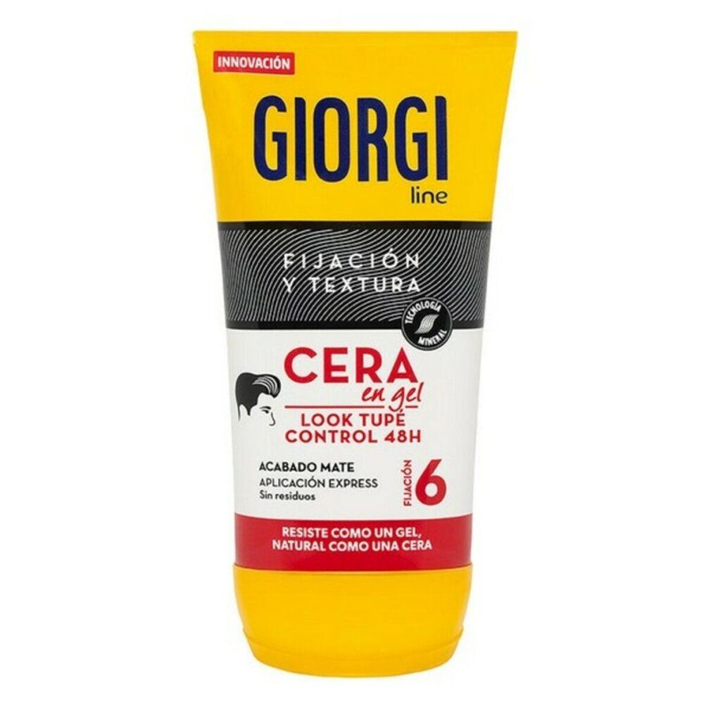 Gel-Haarwachs-Tube. Gelbe Tube mit schwarzem und weißem Etikett. Schriftzug: Giorgi Line, Cera en gel, Fixierung 6.