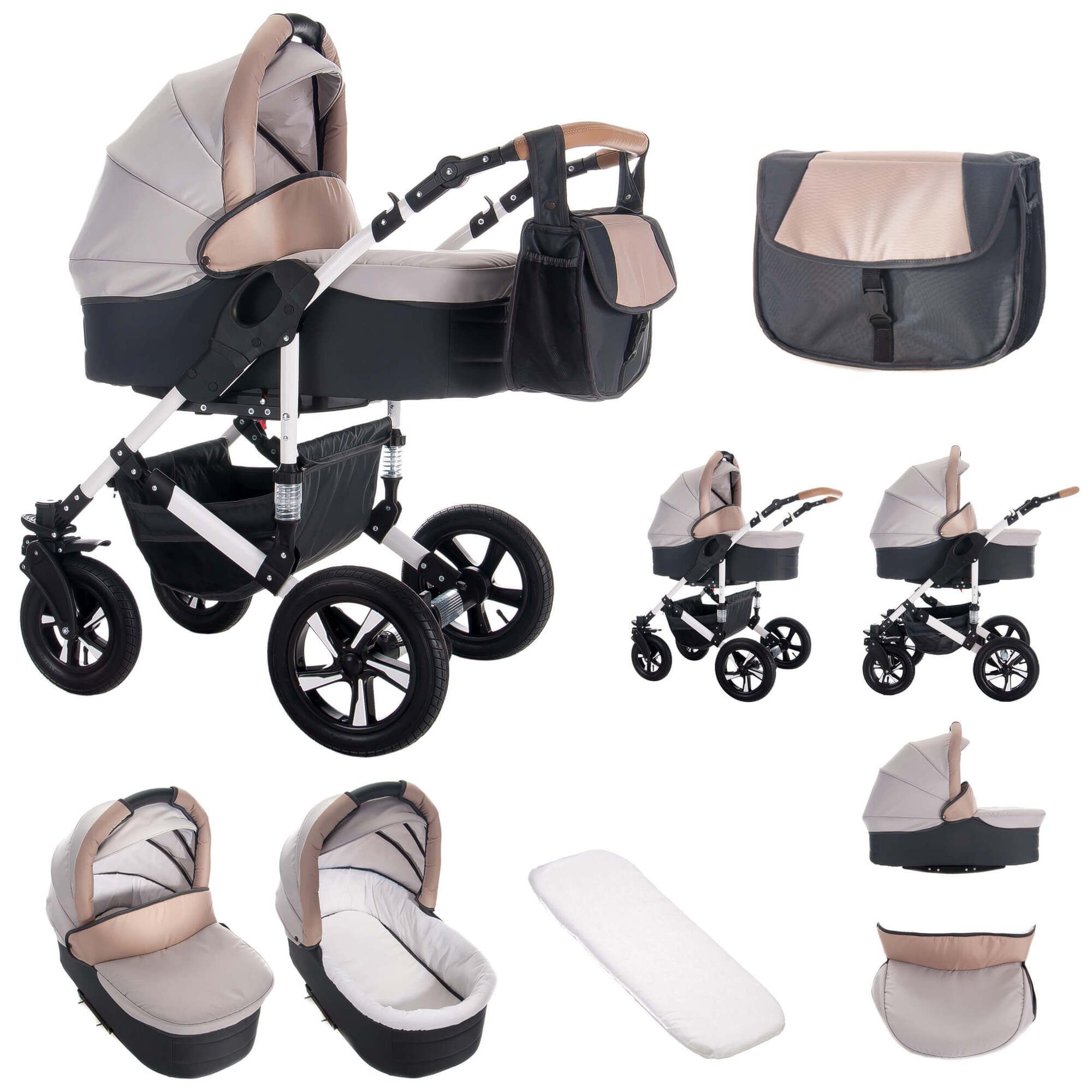 Kinderwagen-Set, beige und schwarz. Enthält Babywanne, Sportsitz, Wickeltasche, Zubehör. Luft myStar.