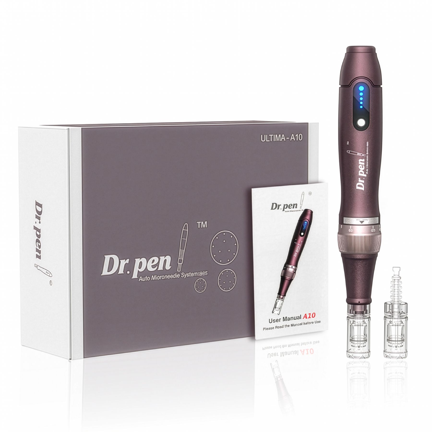 Dr. Pen Ultima A10 Microneedling-Gerät mit Bedienungsanleitung und zwei Ersatzaufsätzen.