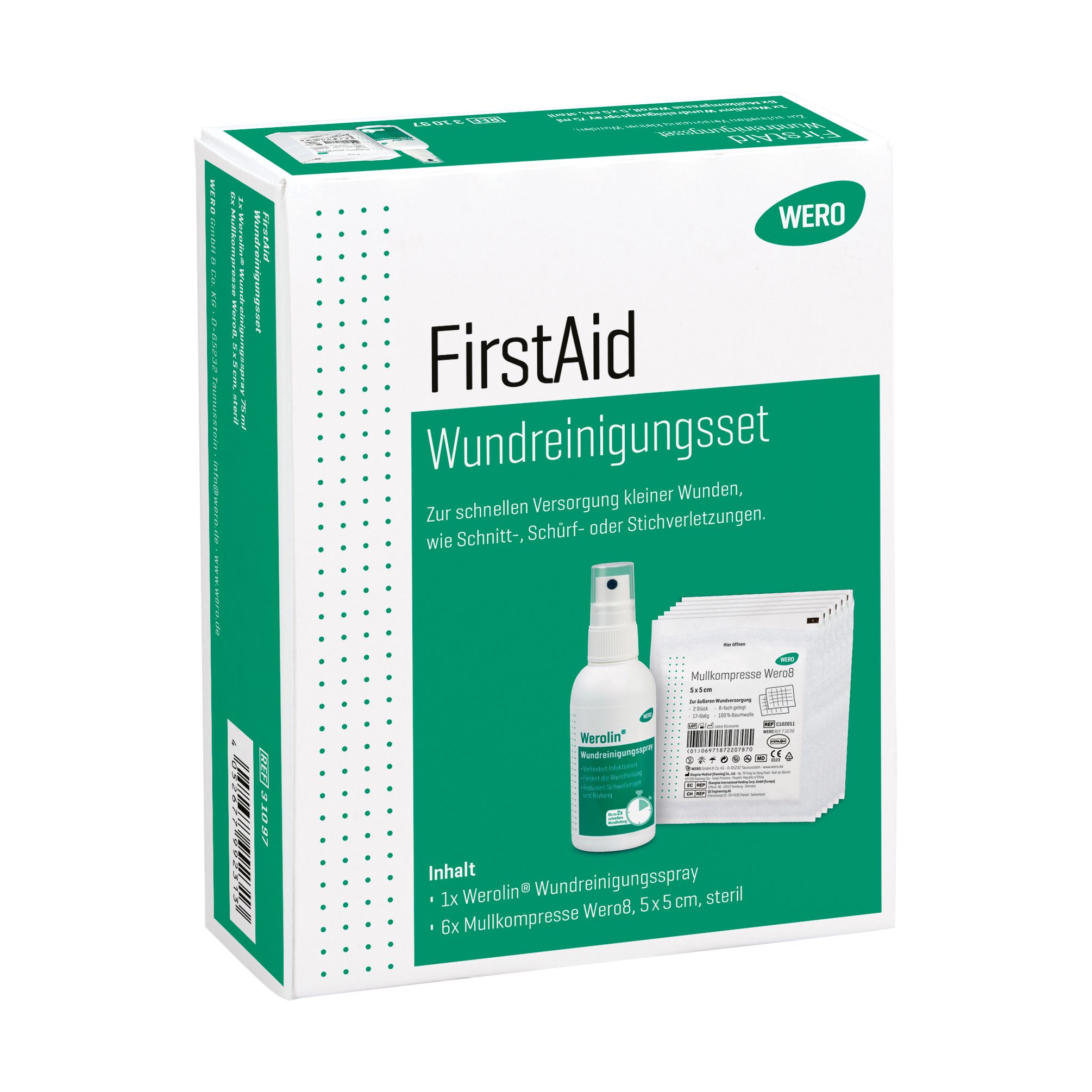 Verpackung mit FirstAid Wundreinigungsset. Enthält Spray und Mullkompressen. Marke WERO. Text: Wundreinigungsset, Inhalt.