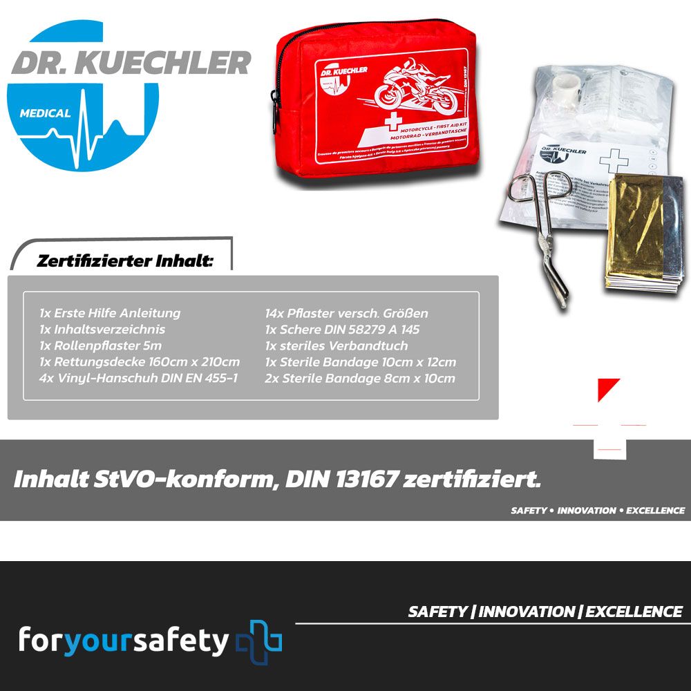 Motorrad Verbandskasten DIN 13167 Mini Erste Hilfe Set – Dr. Kuechler Medical® kompakt & EU konform
