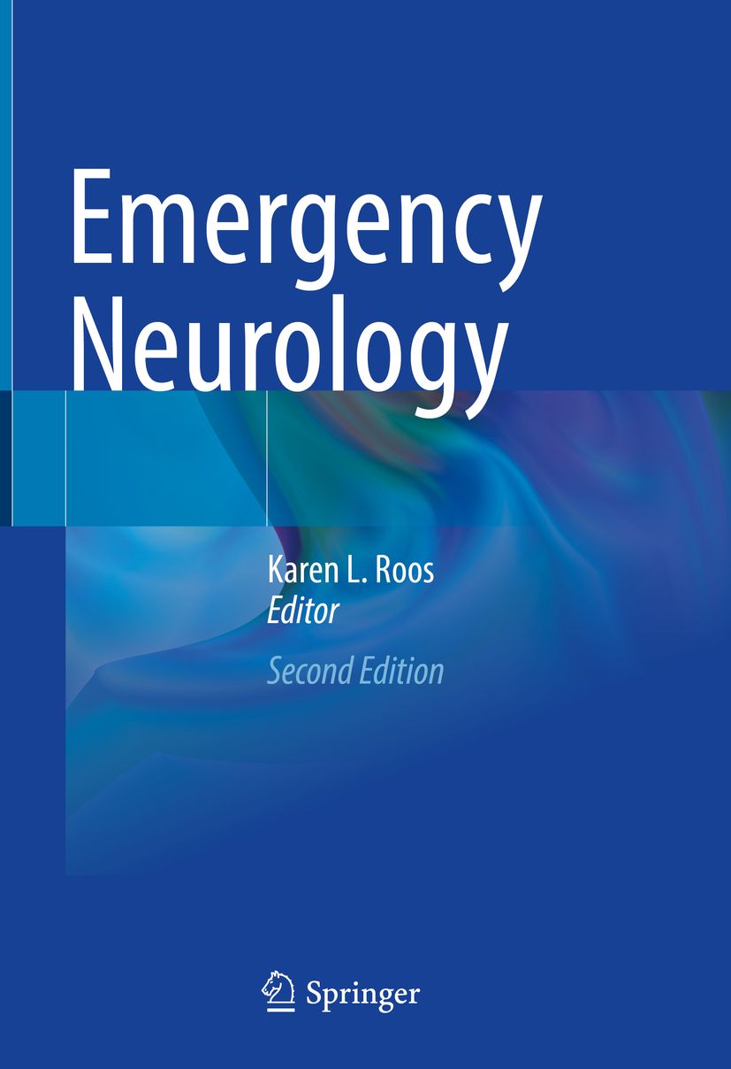 Buchcover: Emergency Neurology, 2. Auflage. Autorin: Karen L. Roos. Verlag: Springer. Blauer Hintergrund mit abstraktem Design.